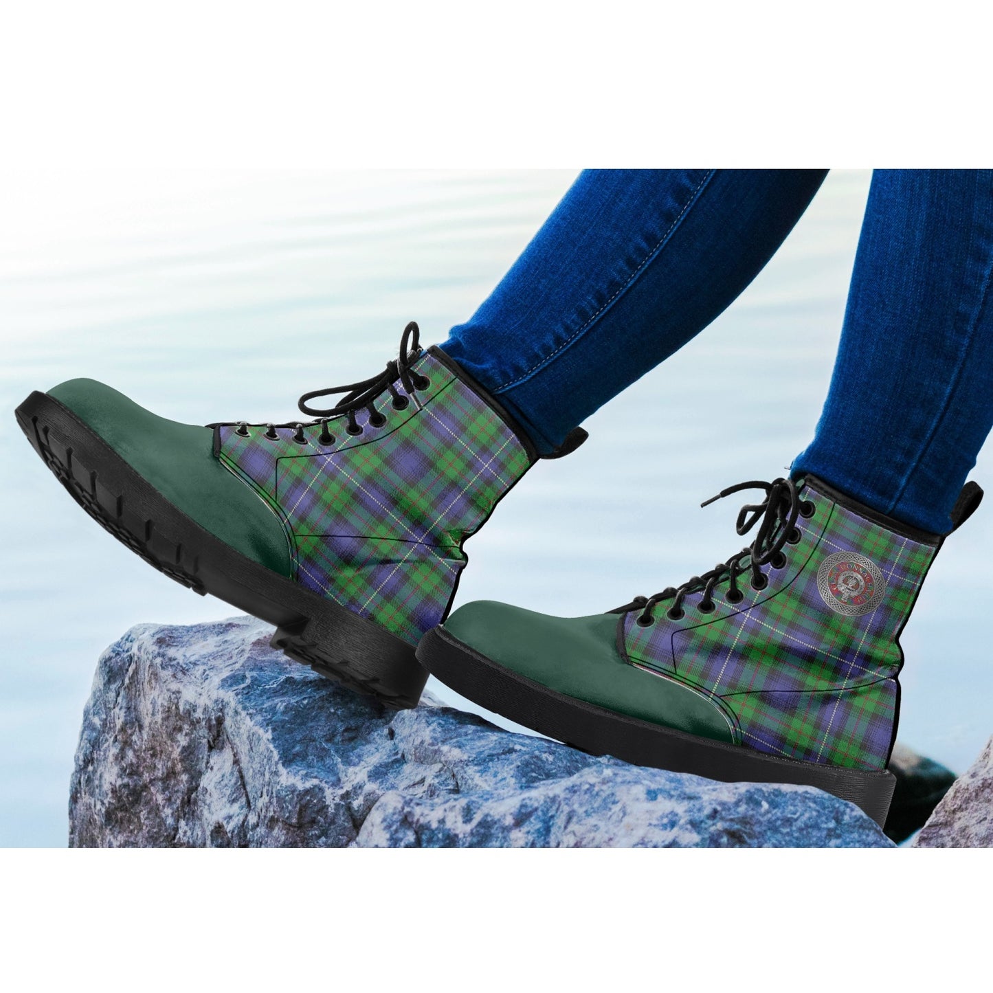 Clan Donnachaidh Crest & Hunting Tartan Leather Boot on rocks