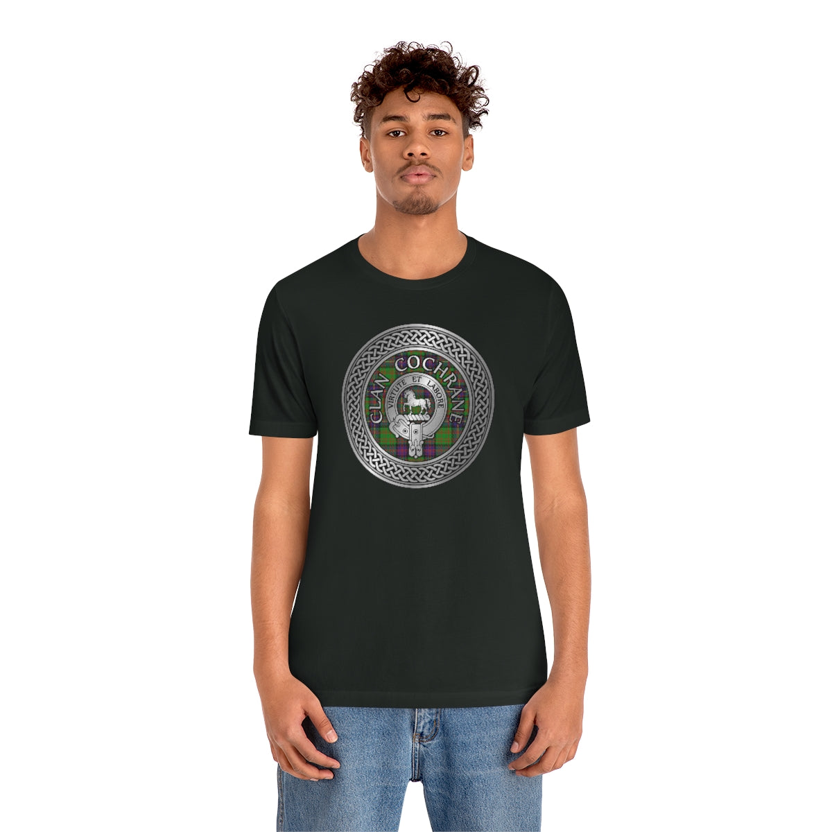 Clan Cochrane Crest & Tartan in Celtic Knot T-Shirt