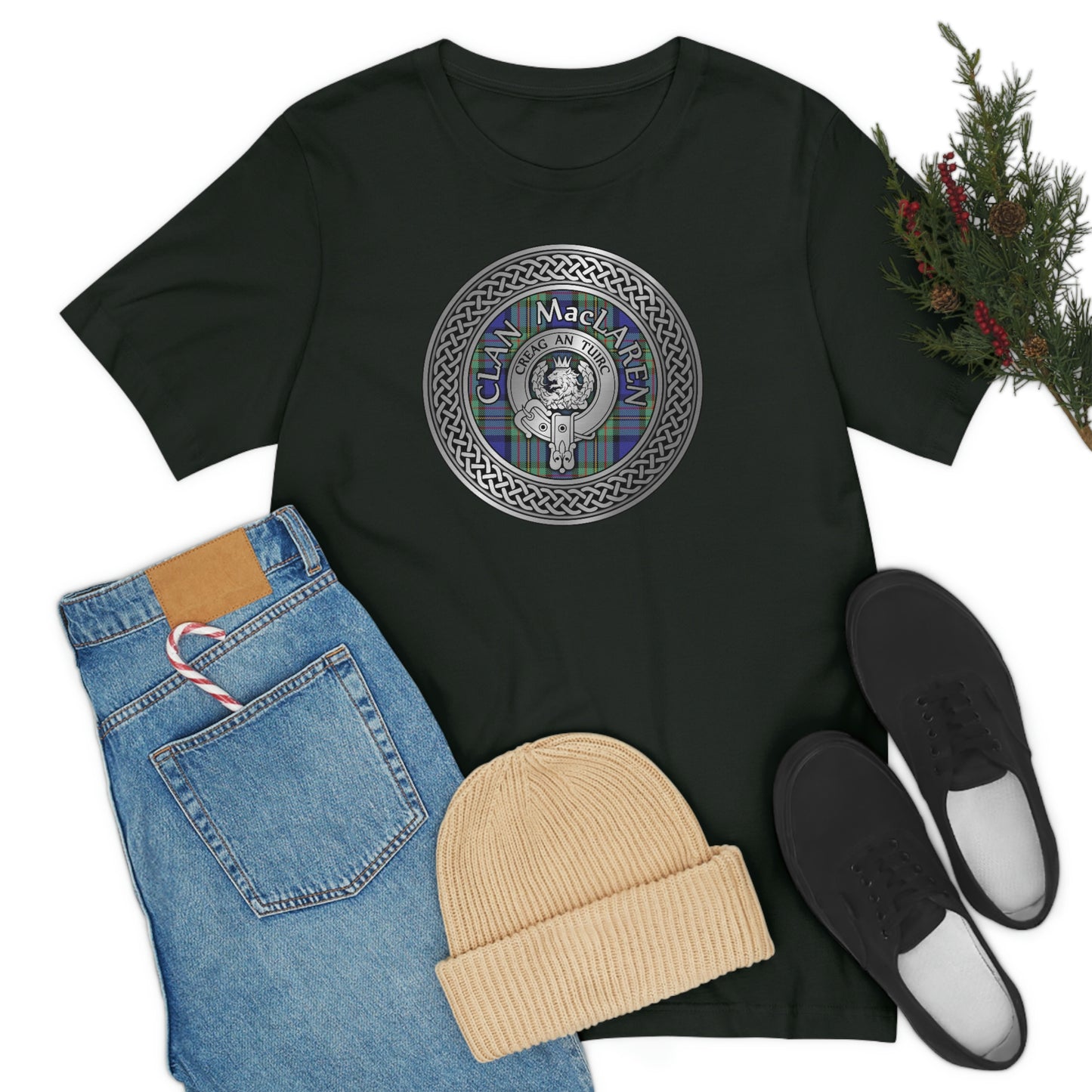 Clan MacLaren Tartan & Crest in Celtic Knot T-Shirt