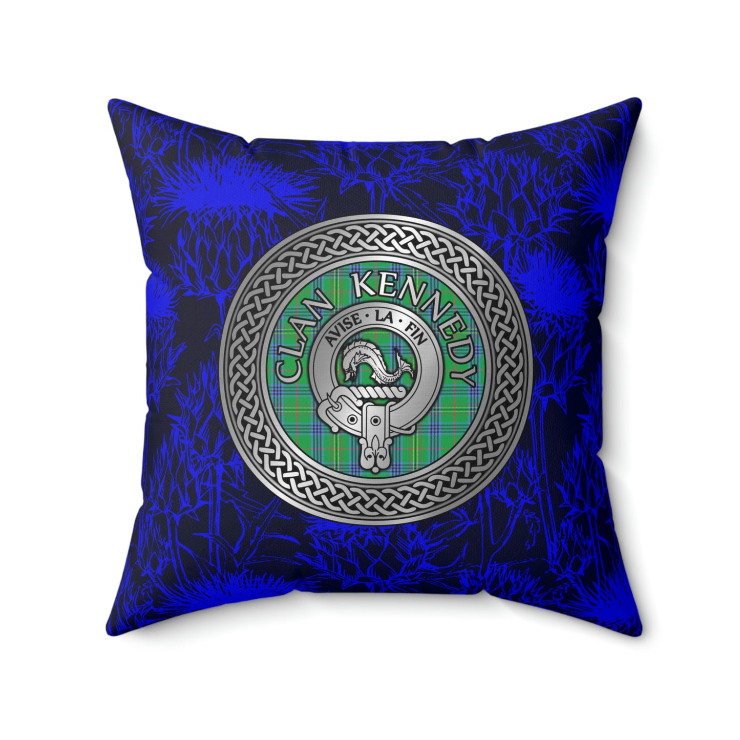 Clan Kennedy Crest & Tartan Knot Spun Polyester Square Pillow