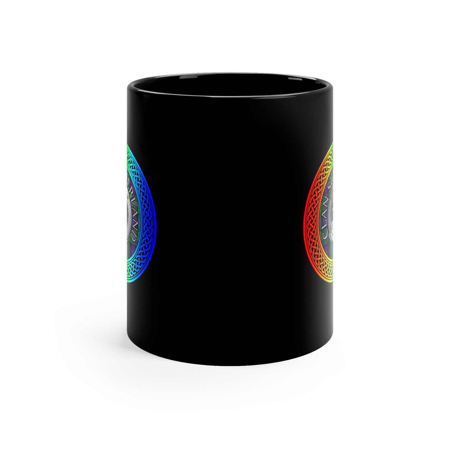 Clan Sutherland Rainbow Crest & Tartan 11oz Black Mug