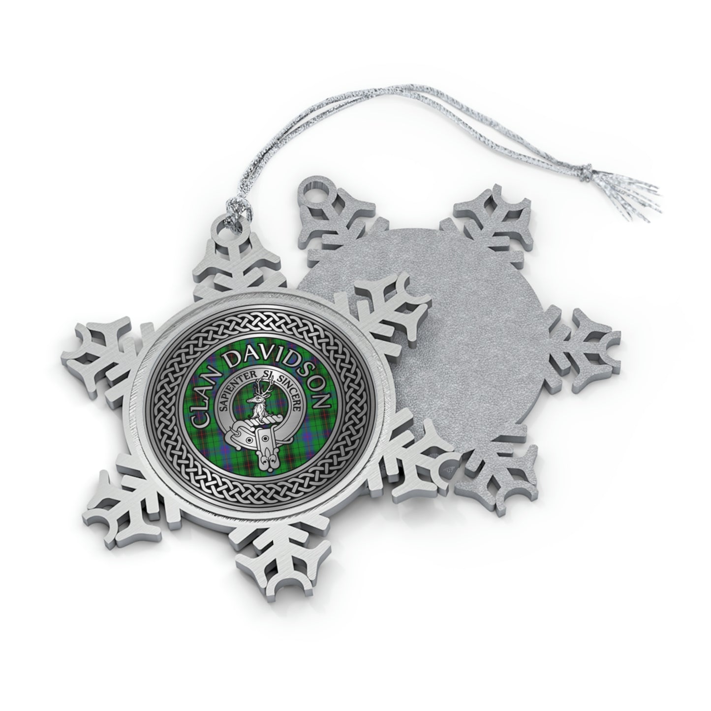 Clan Davidson Crest & Tartan Knot Pewter Snowflake Ornament