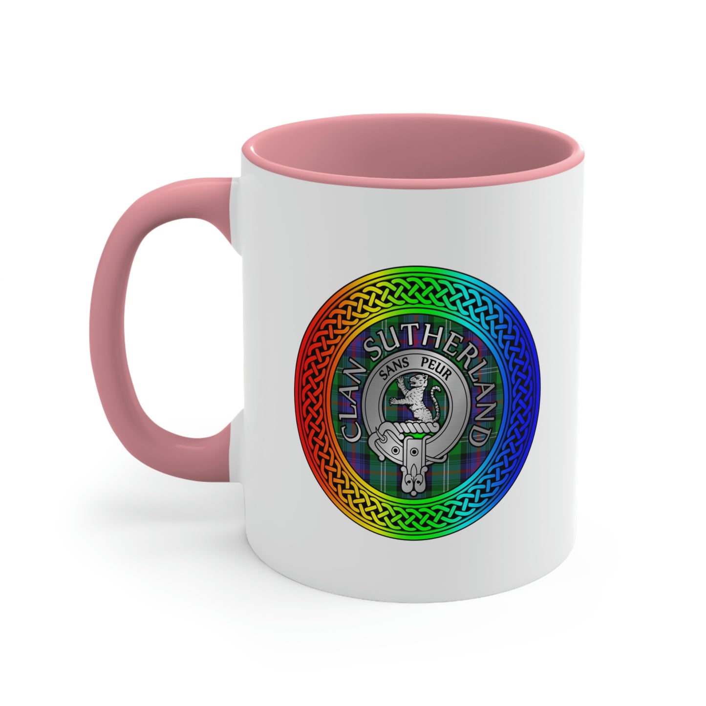 Clan Sutherland Rainbow Crest & Tartan Accent Coffee Mug, 11oz