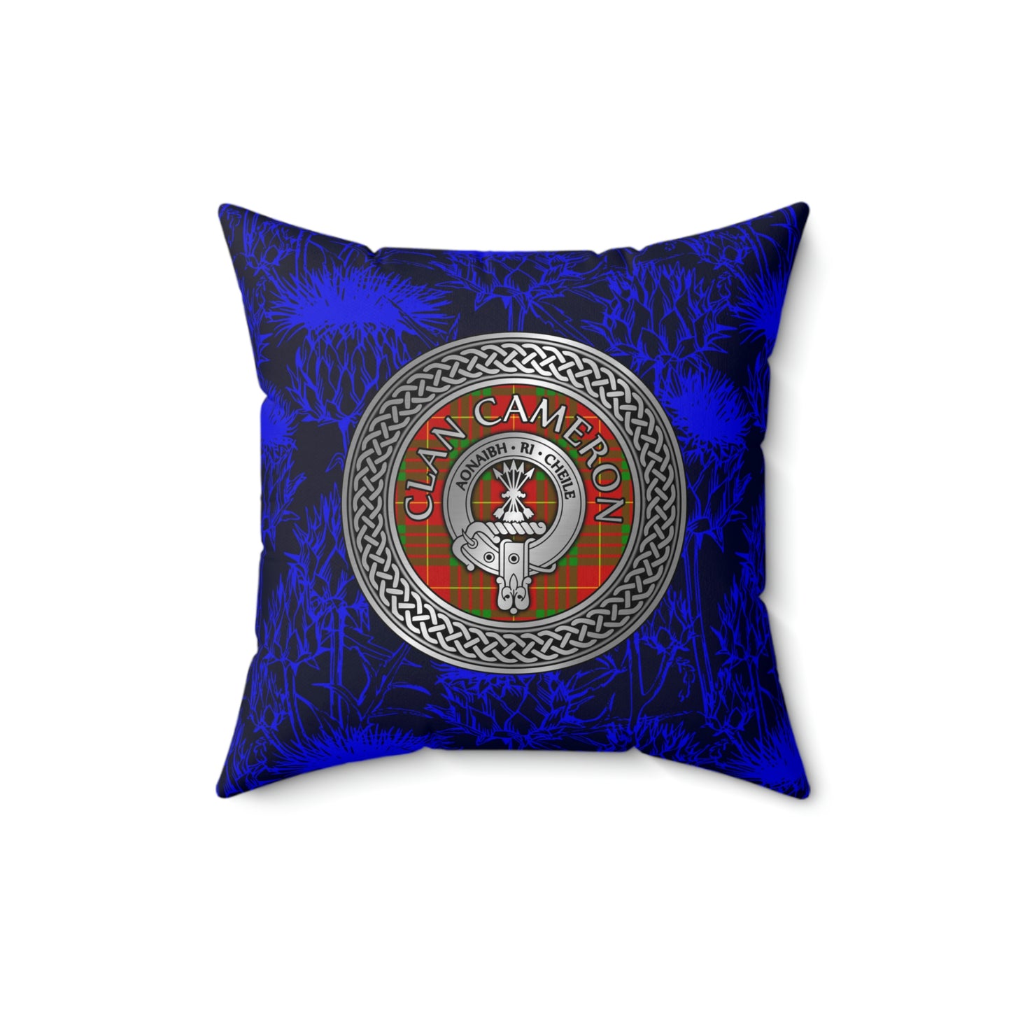 Clan Cameron Crest & Tartan Knot Spun Polyester Square Pillow