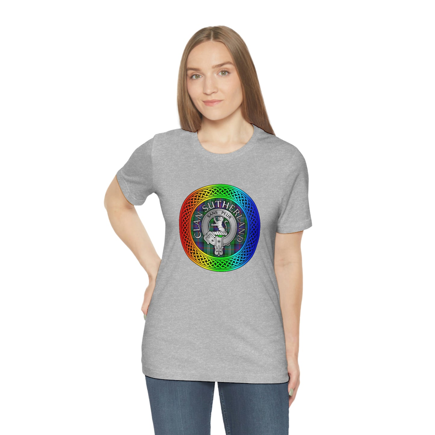 Clan Sutherland Crest & Tartan in Rainbow Knot T-Shirt