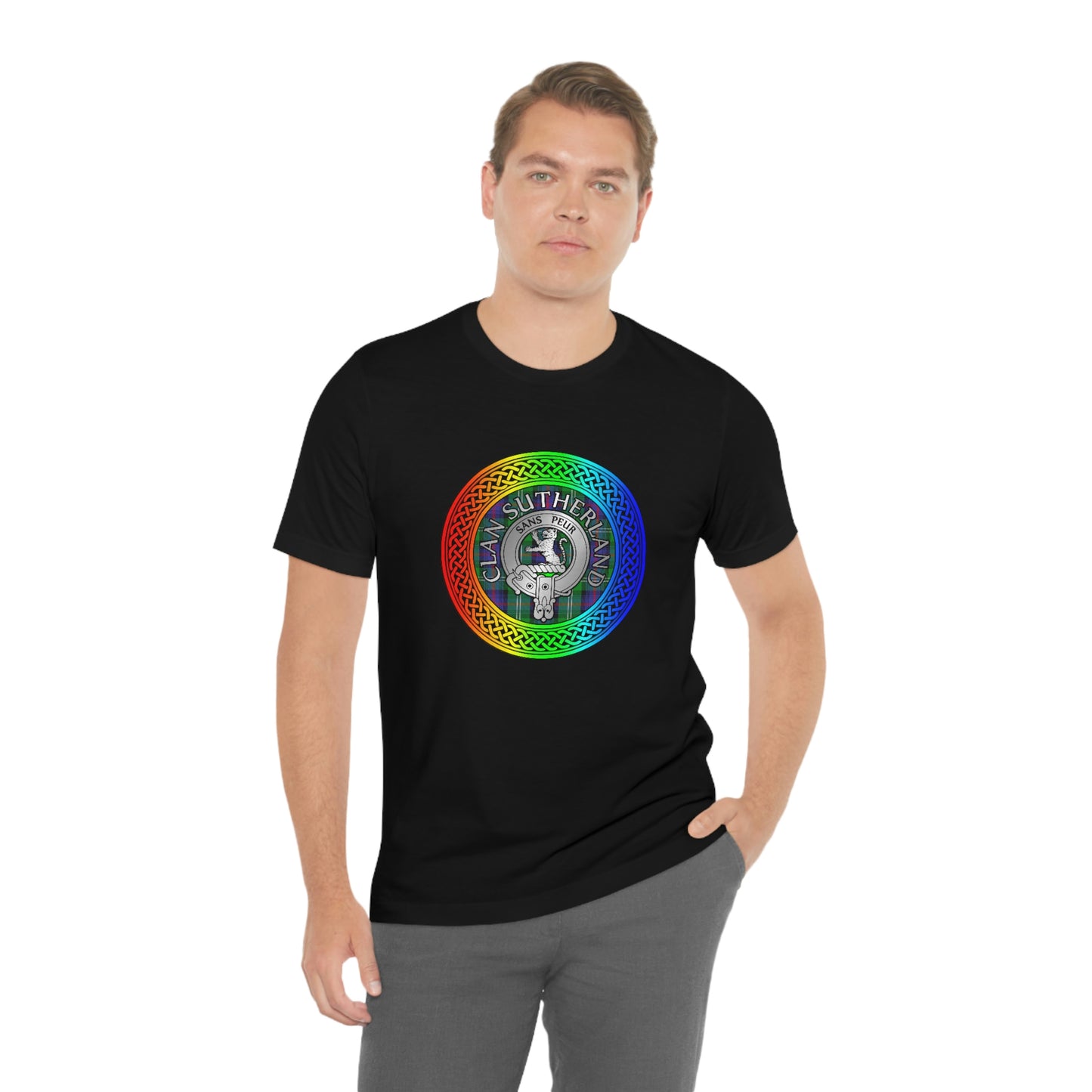 Clan Sutherland Crest & Tartan in Rainbow Knot T-Shirt