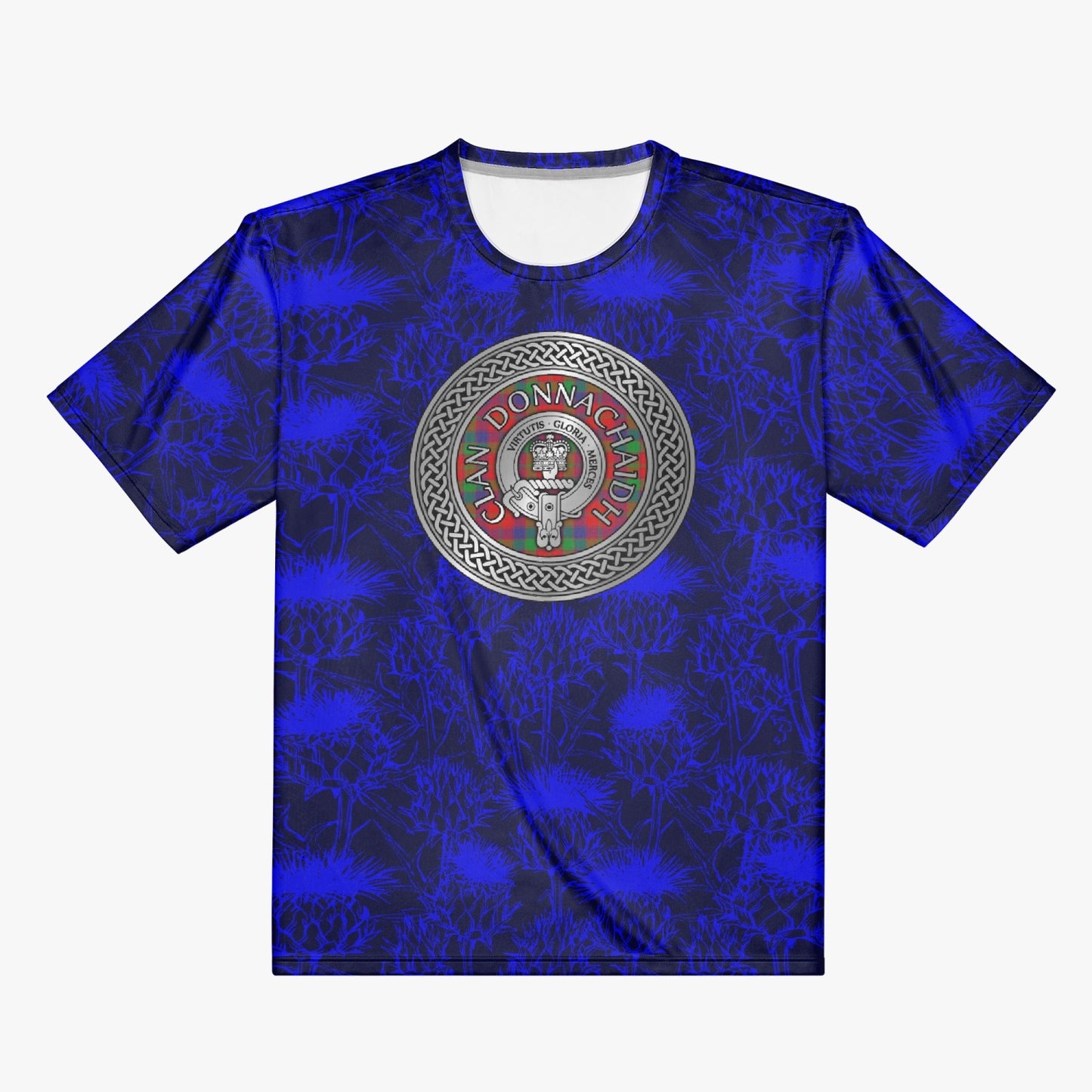 Clan Donnachaidh Crest & Tartan in Celtic Knot on Scottish Thistle AOP Men T-shirt