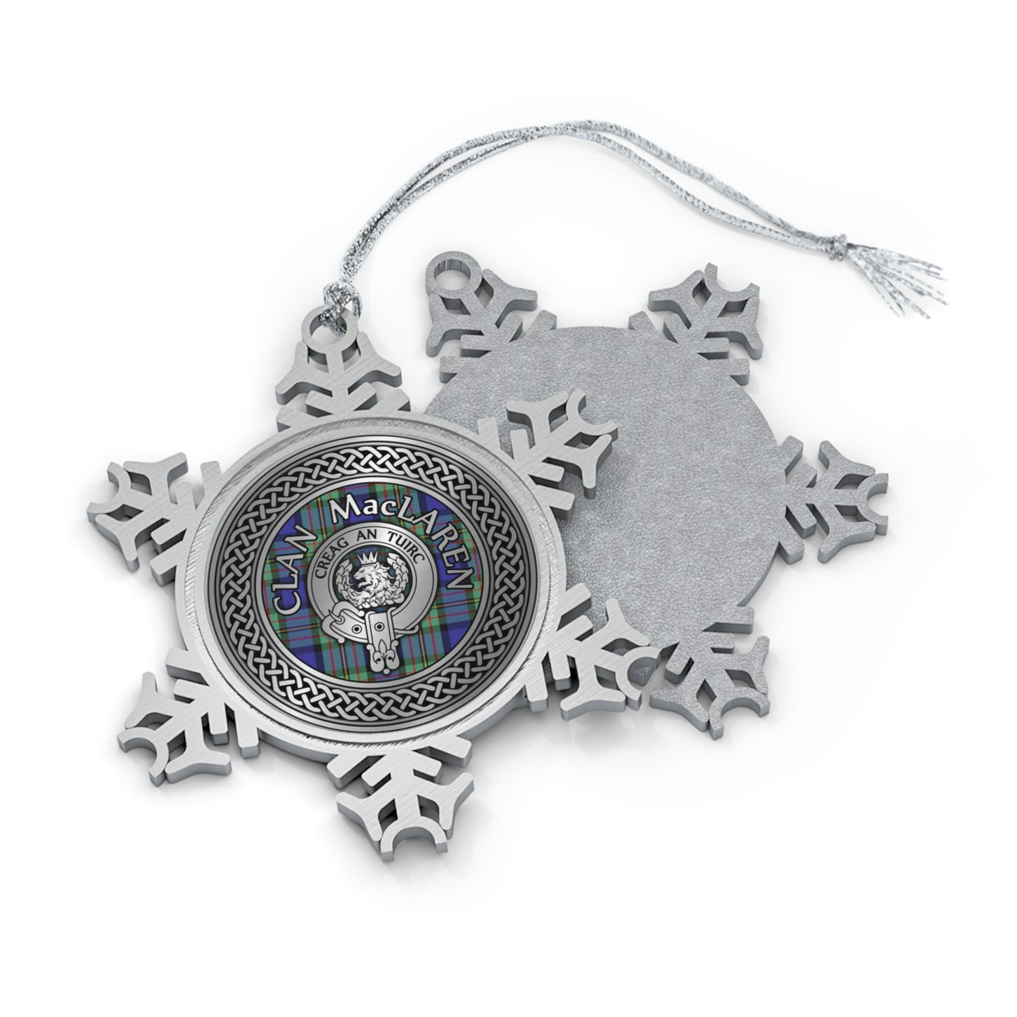 Clan MacLaren Crest & Tartan Knot Pewter Snowflake Ornament