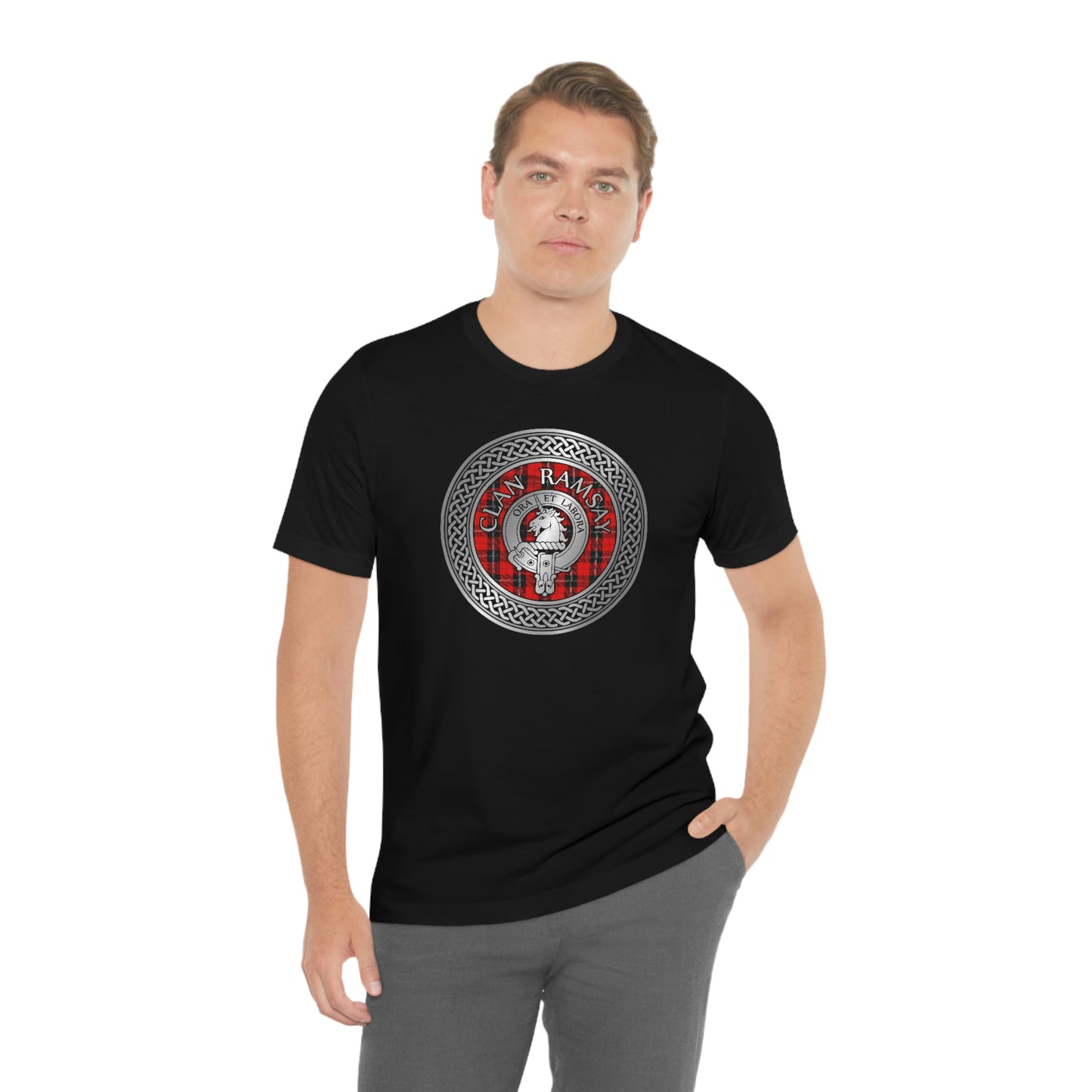 Clan Ramsay Tartan & Crest in Celtic Knot T-Shirt