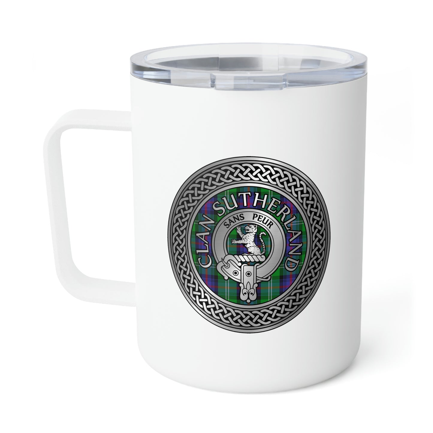 Clan Sutherland Crest & Tartan Insulated Coffee Mug, 10oz