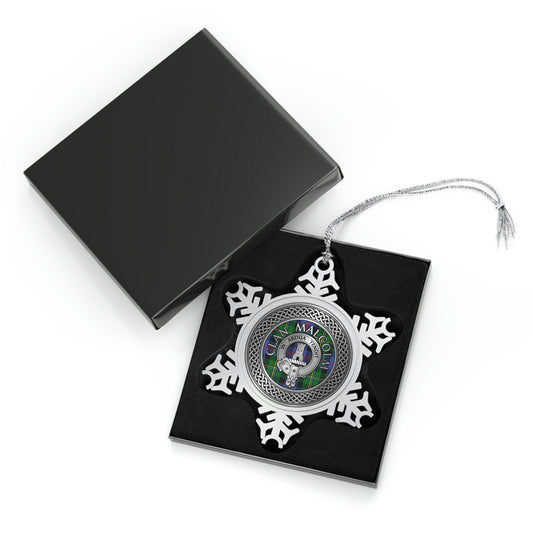 Clan Malcolm Crest & Tartan Knot Pewter Snowflake Ornament