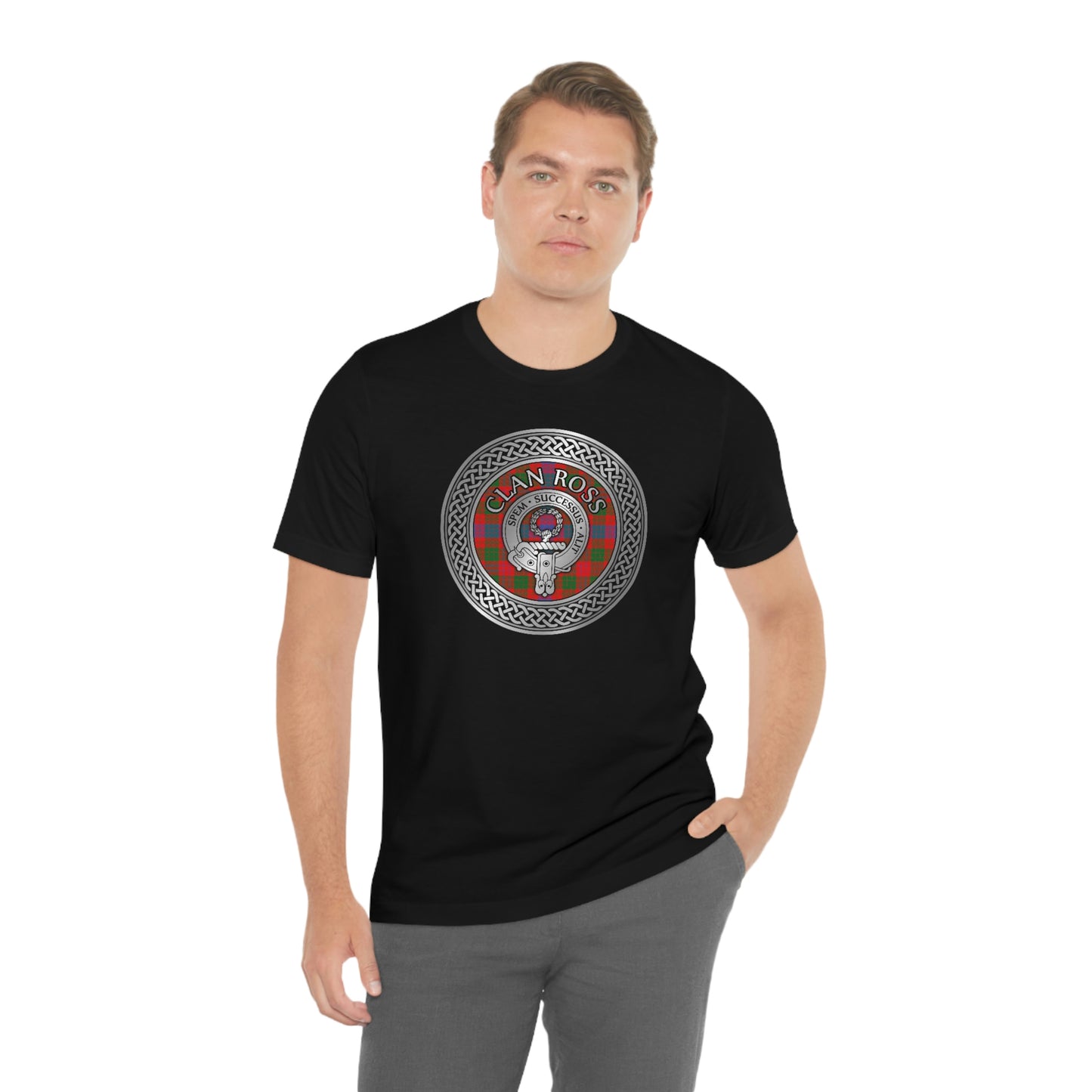 Clan Ross Tartan & Crest in Celtic Knot T-Shirt