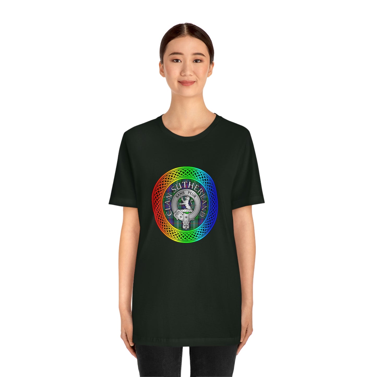 Clan Sutherland Crest & Tartan in Rainbow Knot T-Shirt