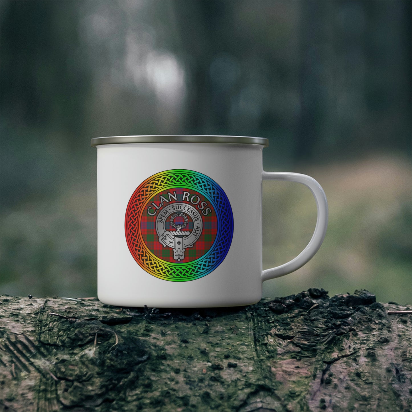 Clan Ross Crest & Tartan Rainbow Knot Enamel Camping Mug