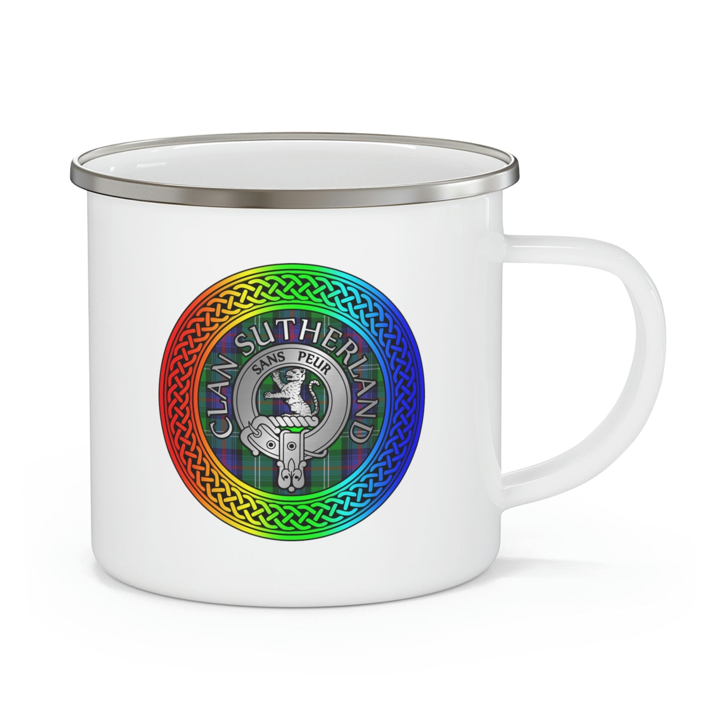 Clan Sutherland Rainbow Crest & Tartan Enamel Camping Mug