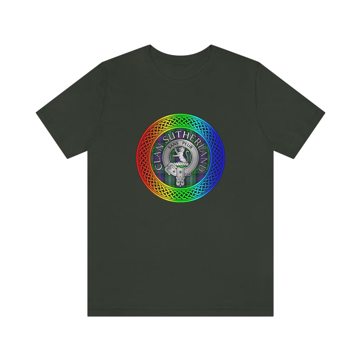 Clan Sutherland Crest & Tartan in Rainbow Knot T-Shirt