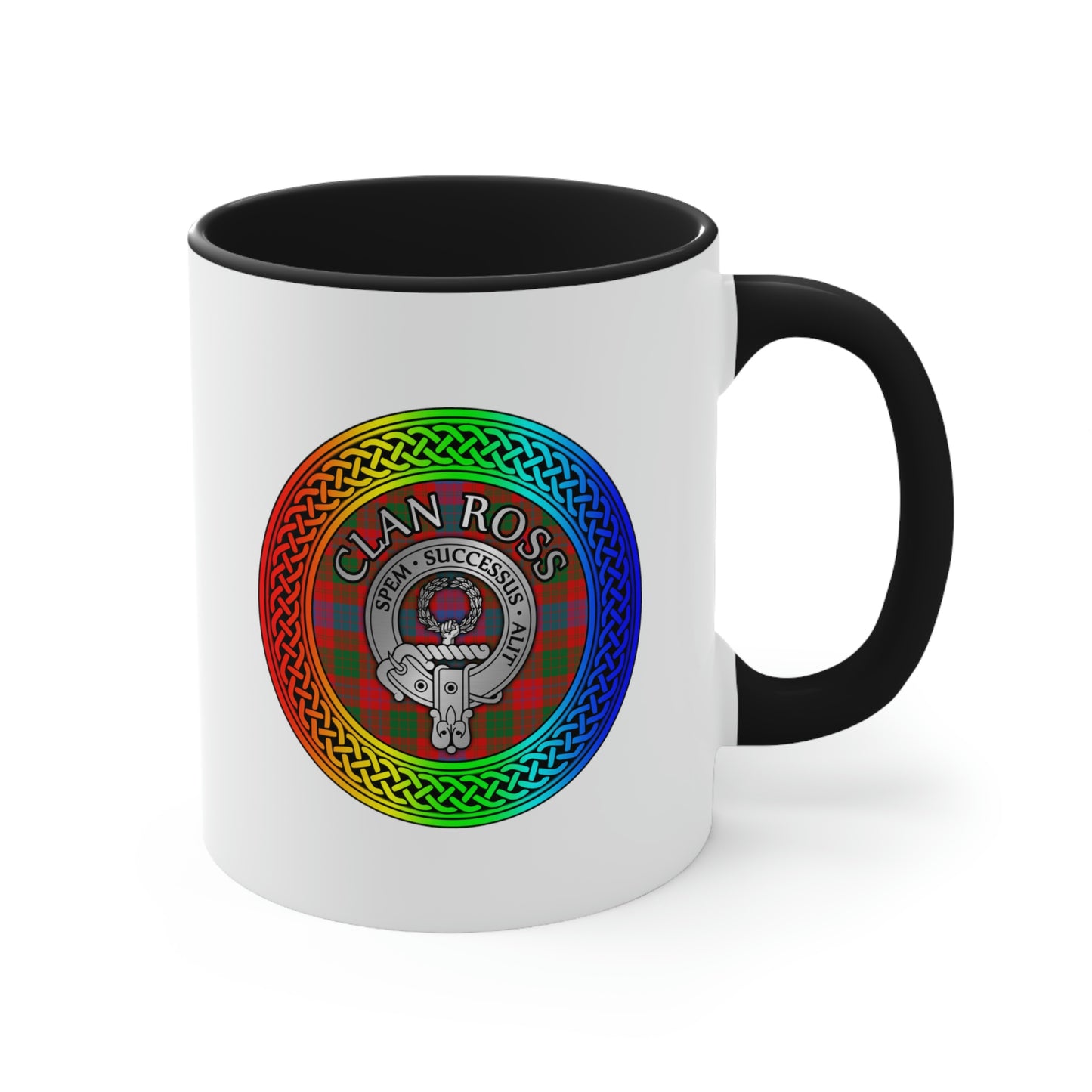 Clan Ross Crest & Tartan Rainbow Knot Accent Coffee Mug, 11oz