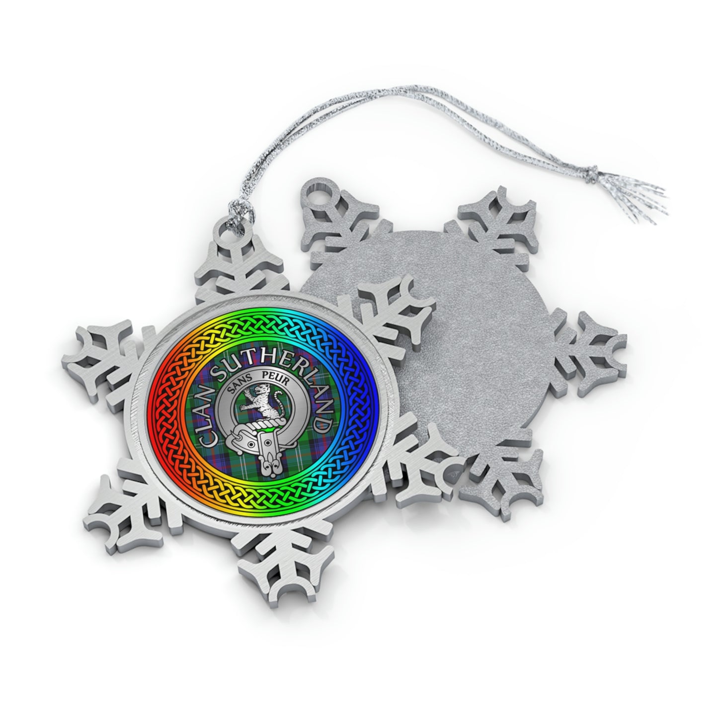 Clan Sutherland Crest & Tartan Rainbow Knot Pewter Snowflake Ornament