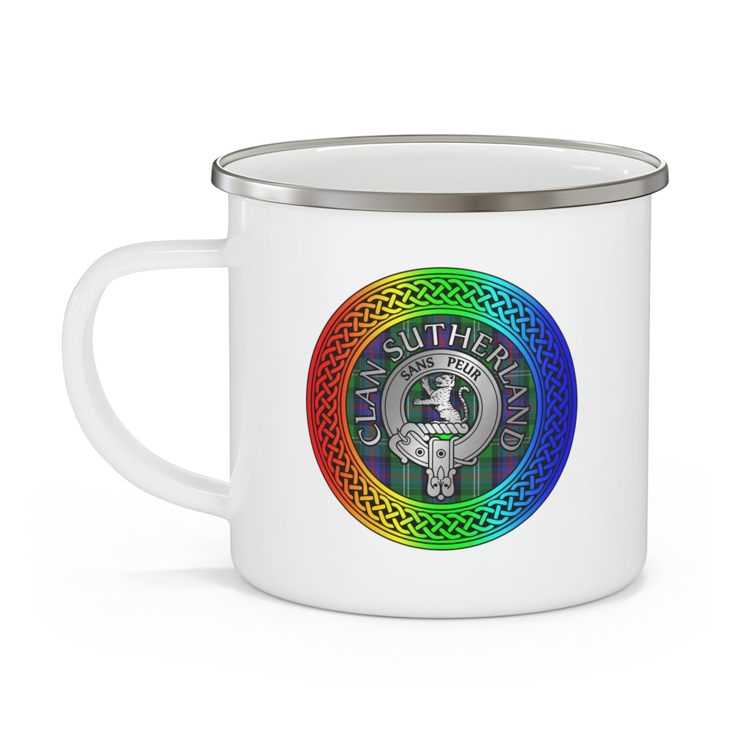 Clan Sutherland Rainbow Crest & Tartan Enamel Camping Mug