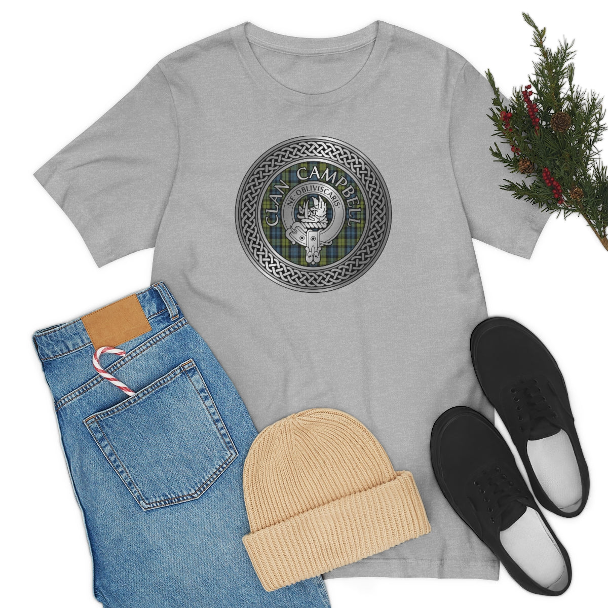 Clan Campbell Crest & Tartan in Celtic Knot T-Shirt