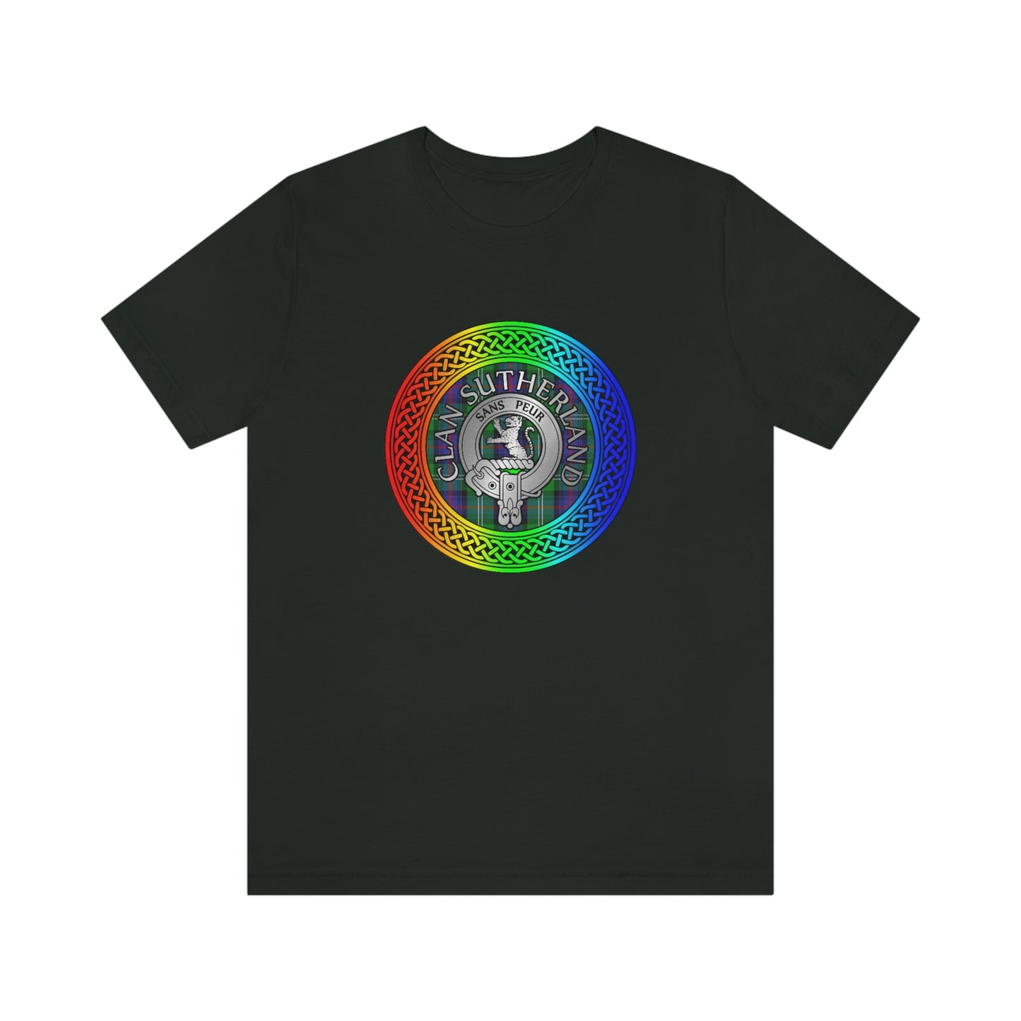 Clan Sutherland Crest & Tartan in Rainbow Knot T-Shirt