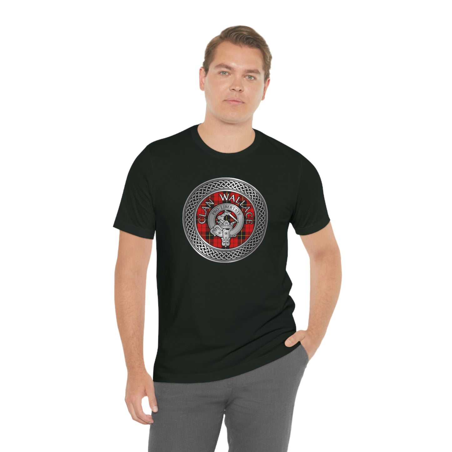 Clan Wallace Tartan & Crest in Celtic Knot T-Shirt