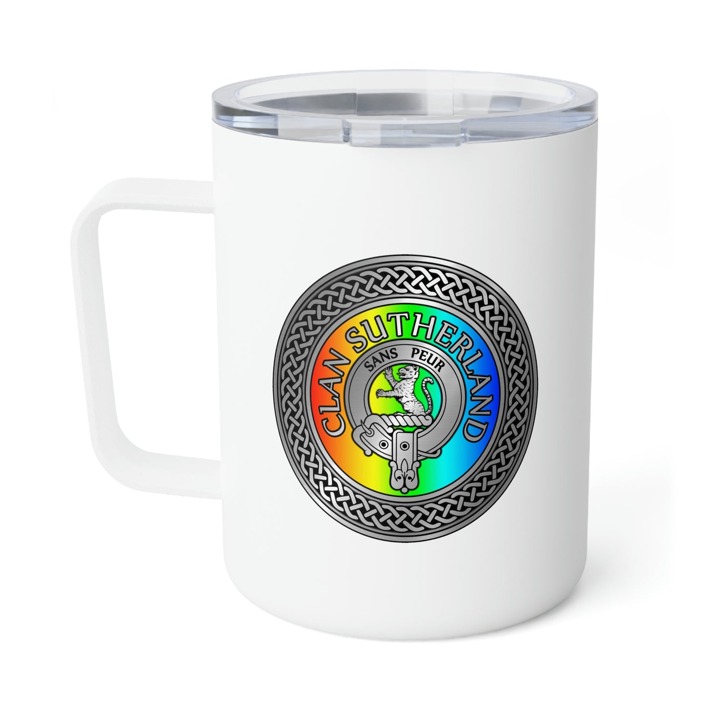 Clan Sutherland Crest & Rainbow Insulated Coffee Mug, 10oz