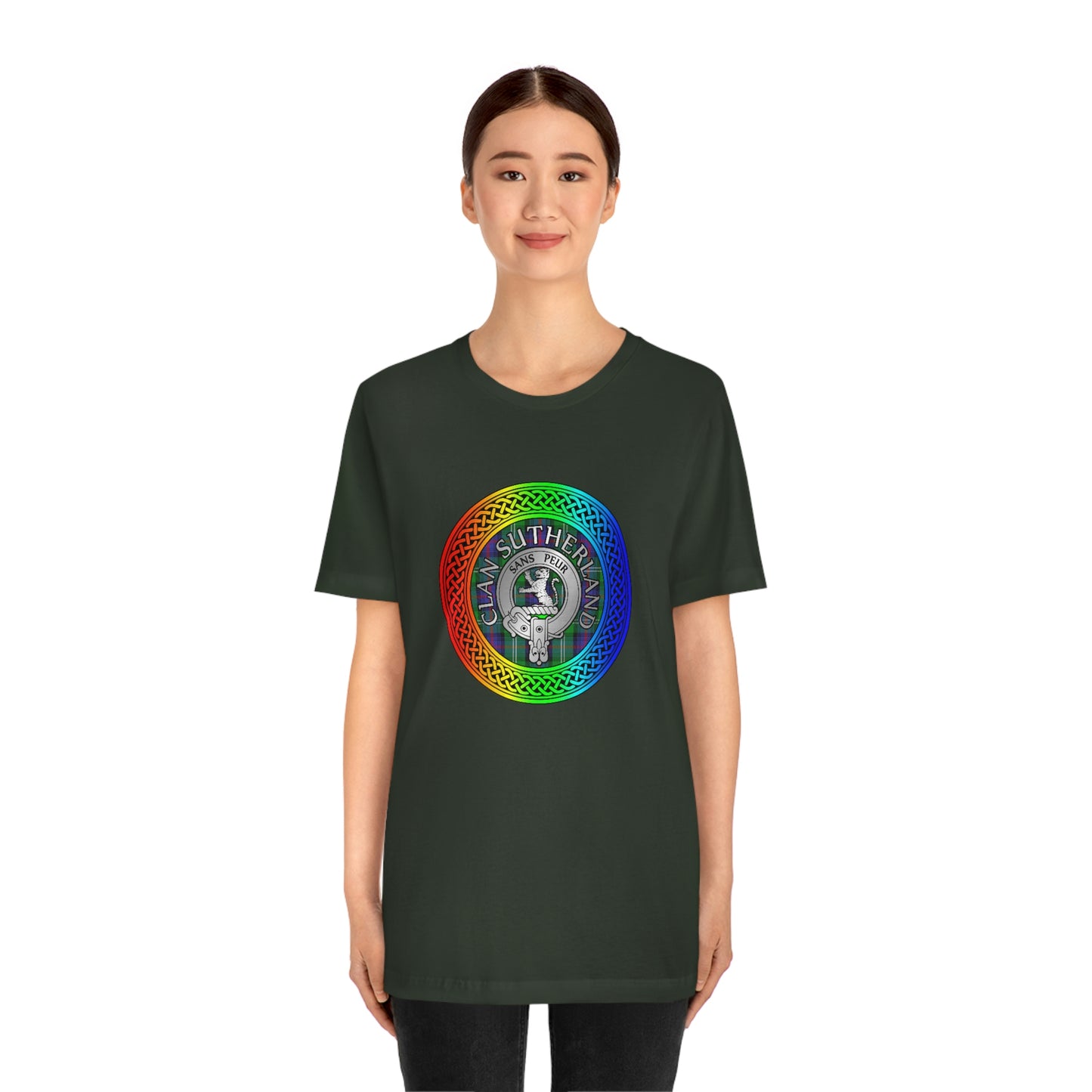 Clan Sutherland Crest & Tartan in Rainbow Knot T-Shirt