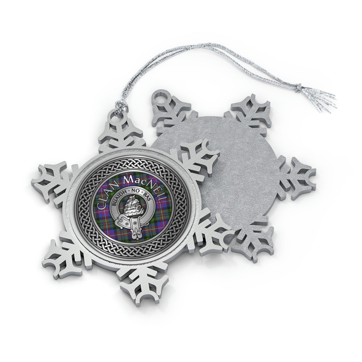 Clan MacNeil Crest & Tartan Knot Pewter Snowflake Ornament