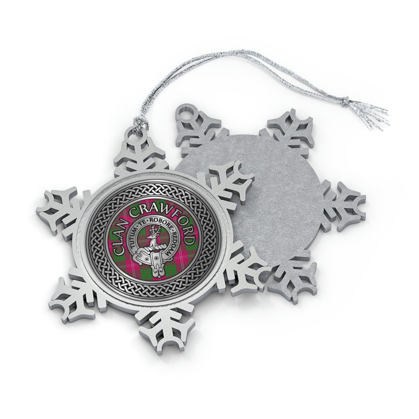 Clan Crawford Crest & Tartan Knot Pewter Snowflake Ornament