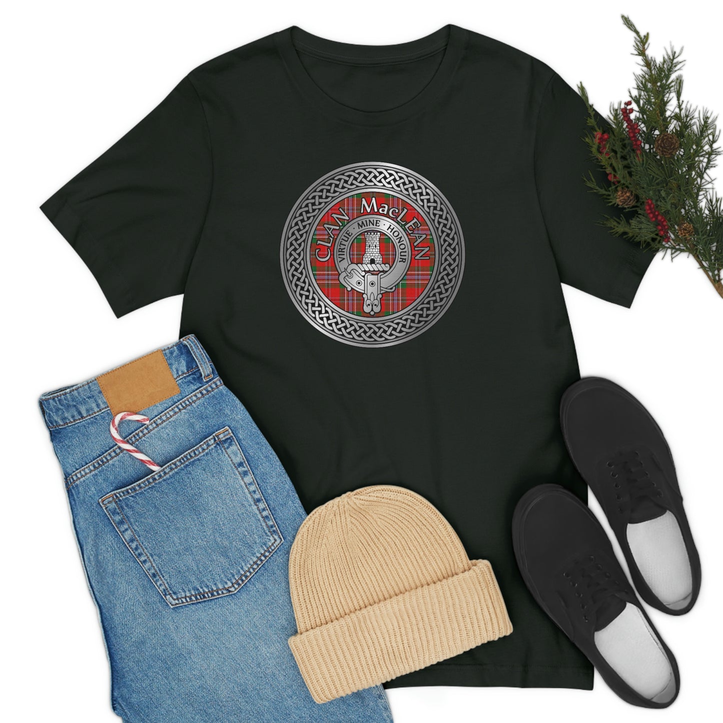 Clan MacLean Tartan & Crest in Celtic Knot T-Shirt