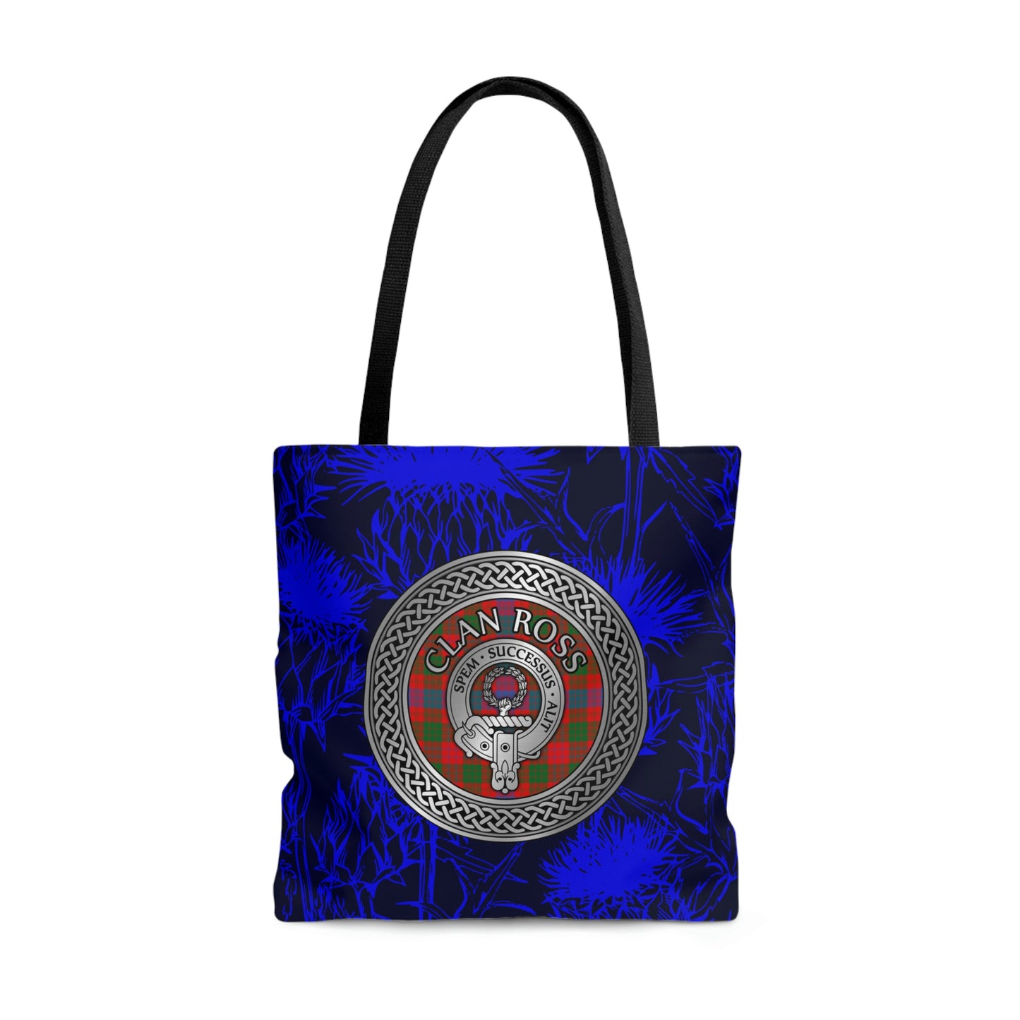 Clan Ross Crest & Tartan on Scottish Thistle AOP Tote Bag