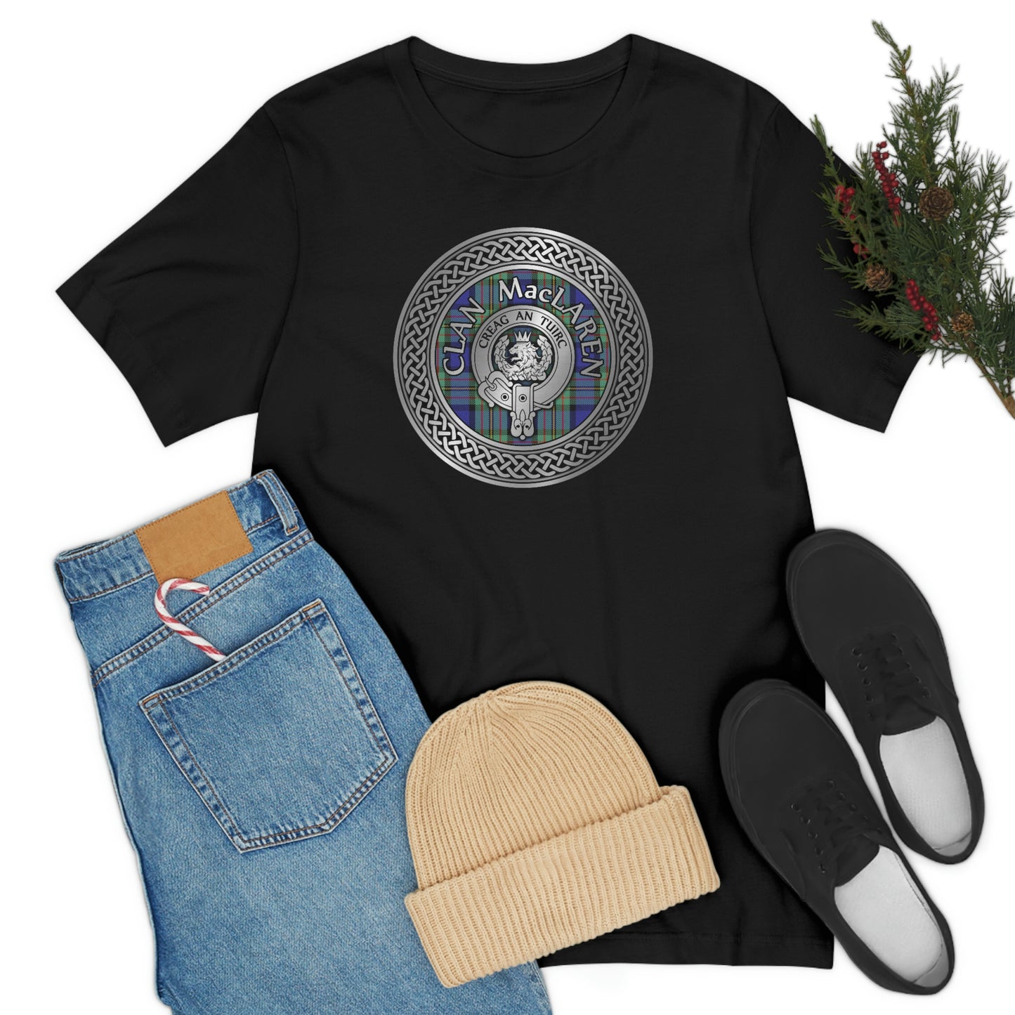 Clan MacLaren Tartan & Crest in Celtic Knot T-Shirt