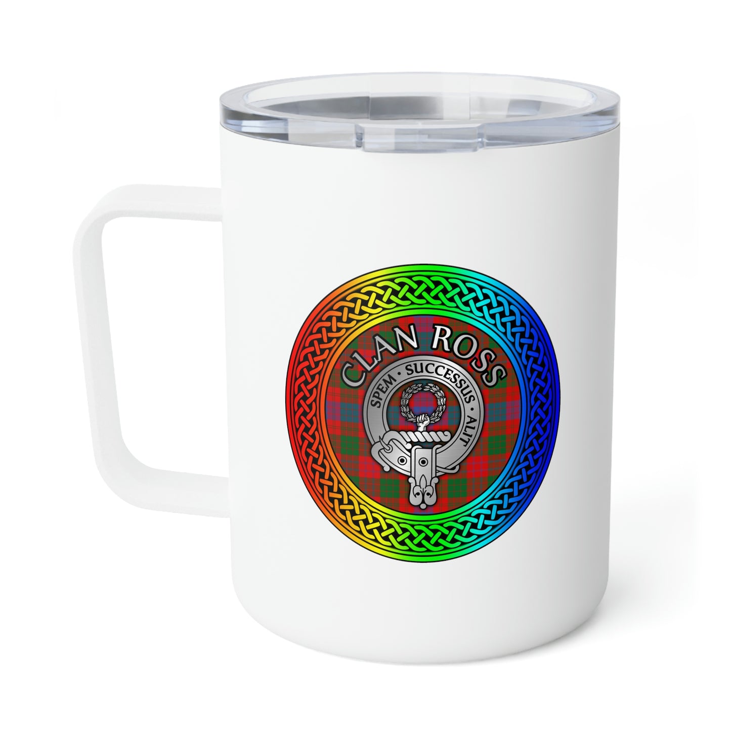 Clan Ross Crest & Tartan Rainbow Knot Insulated Coffee Mug, 10oz