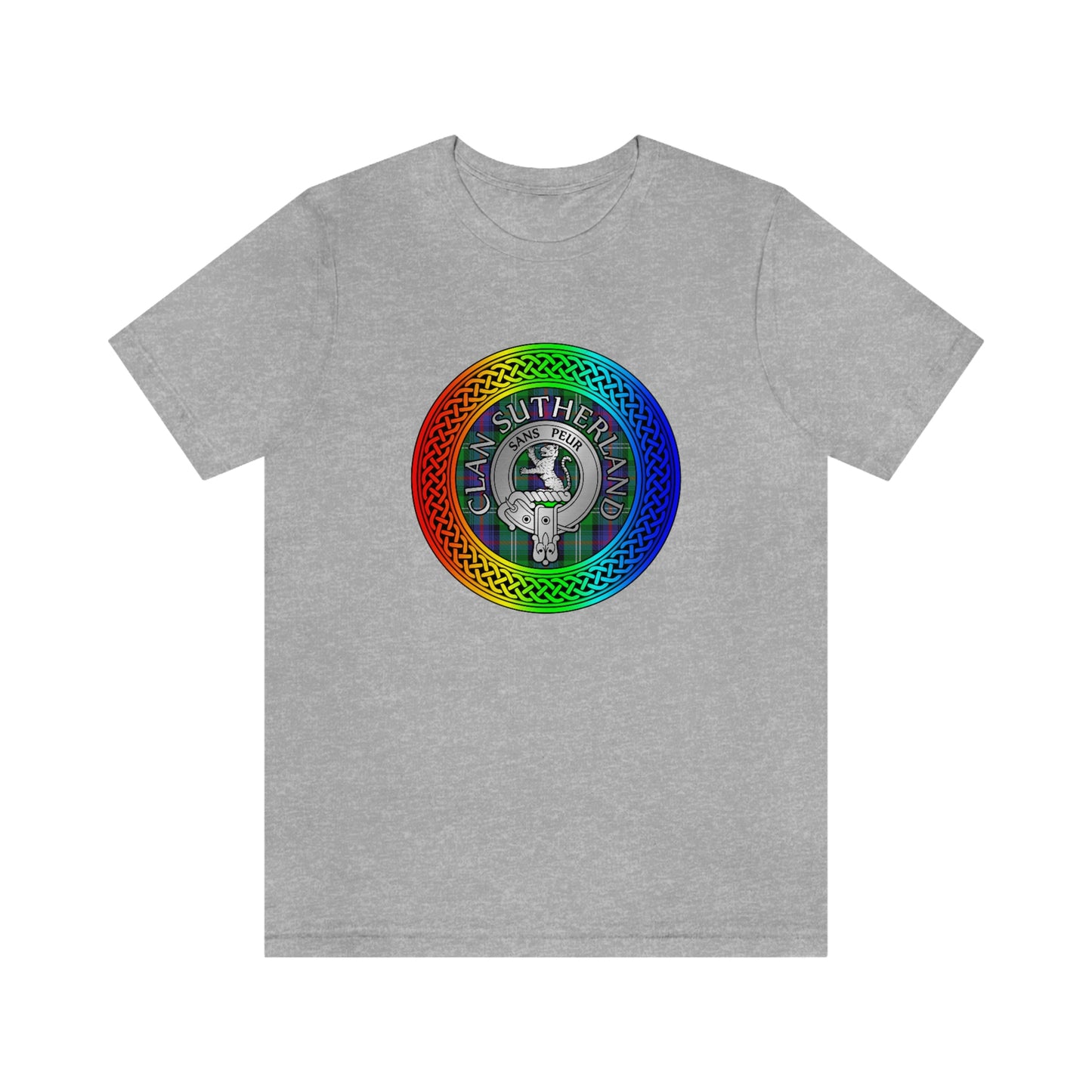 Clan Sutherland Crest & Tartan in Rainbow Knot T-Shirt