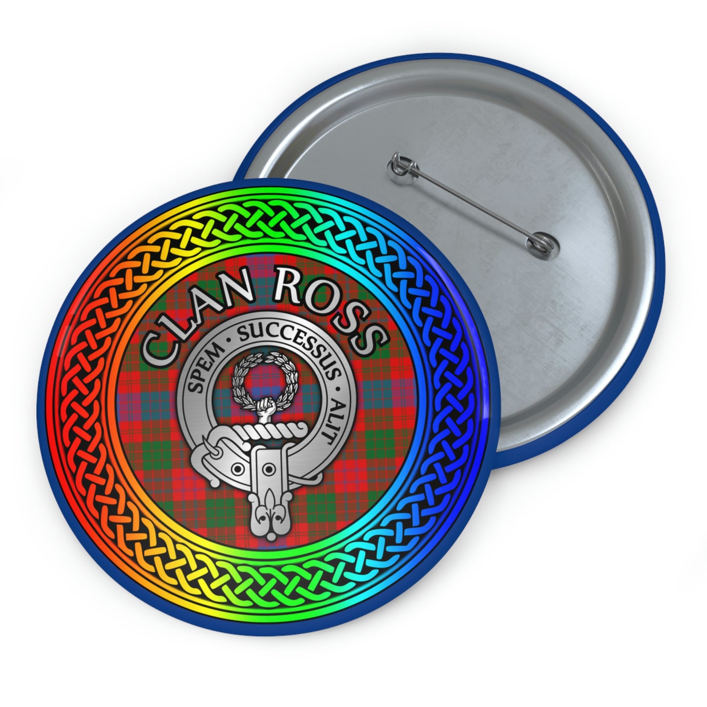 Clan Ross Crest & Tartan Rainbow Knot Pin Buttons