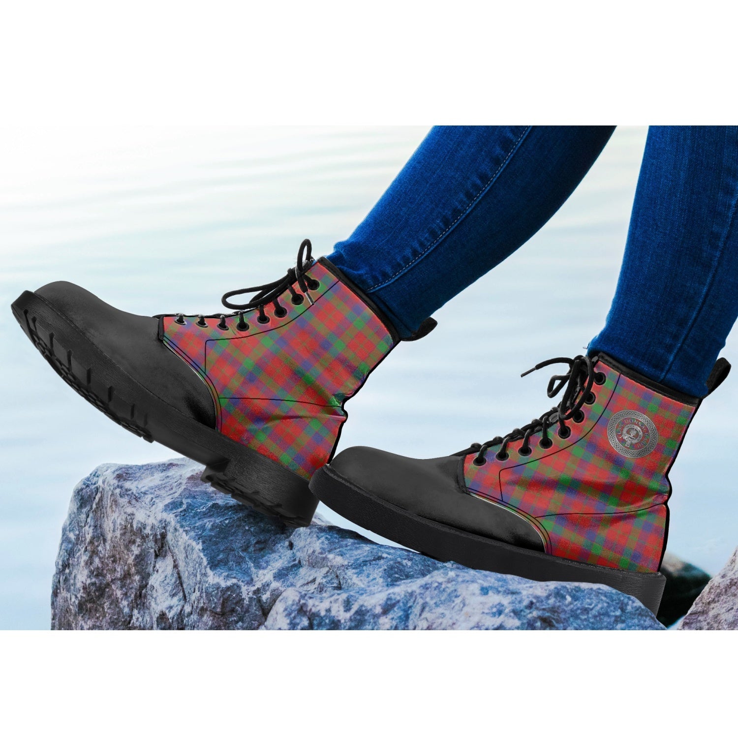 Clan Donnachaidh Crest & Tartan Leather Boot on rocks