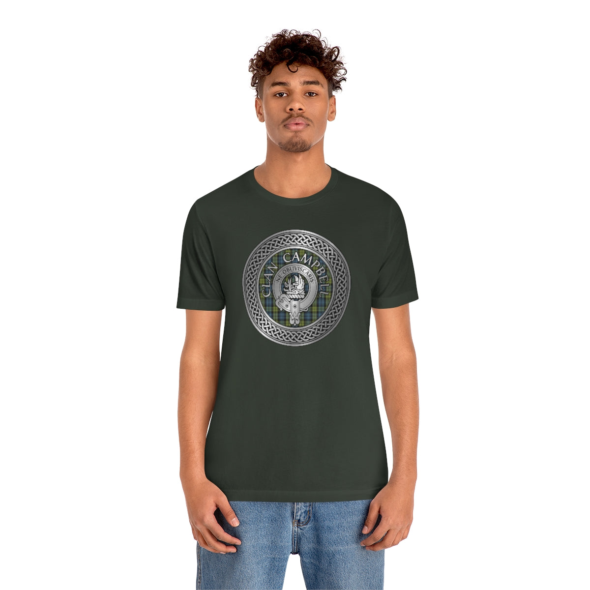 Clan Campbell Crest & Tartan in Celtic Knot T-Shirt