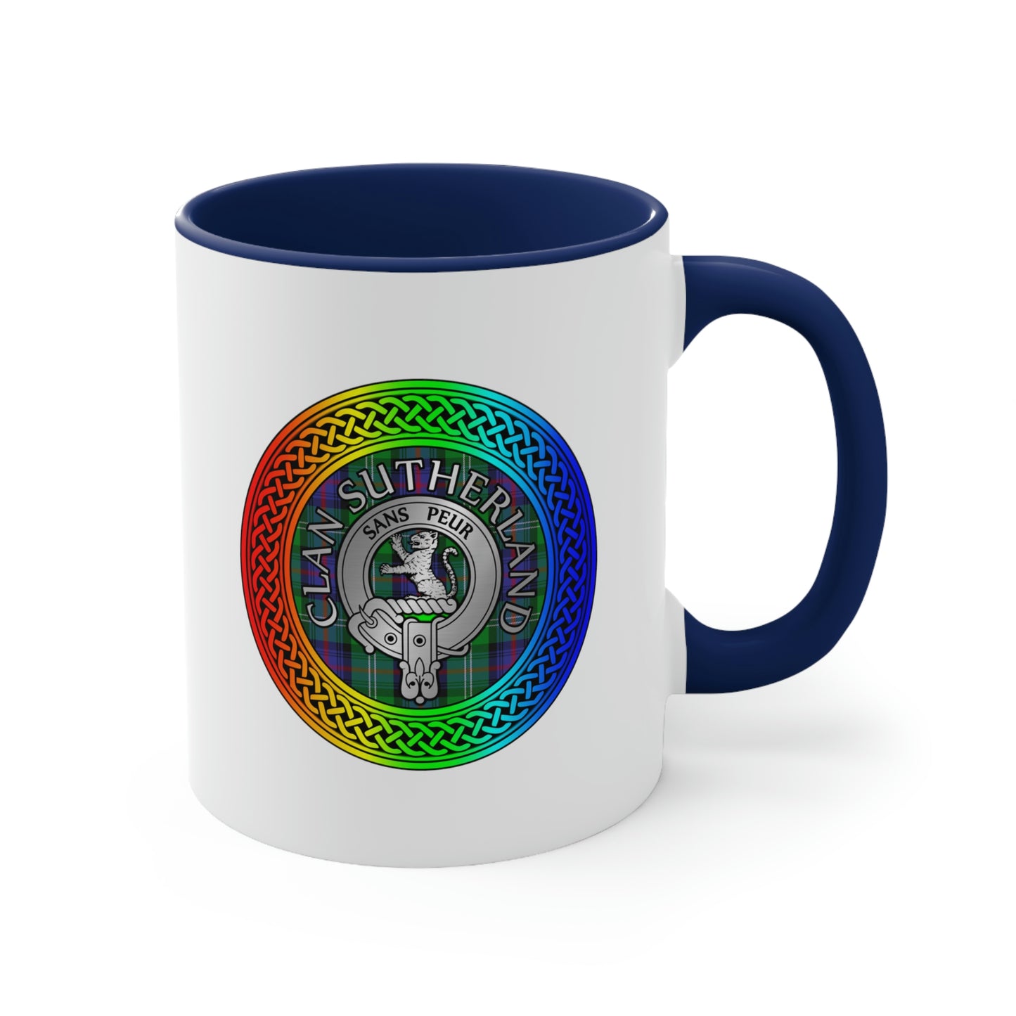 Clan Sutherland Rainbow Crest & Tartan Accent Coffee Mug, 11oz