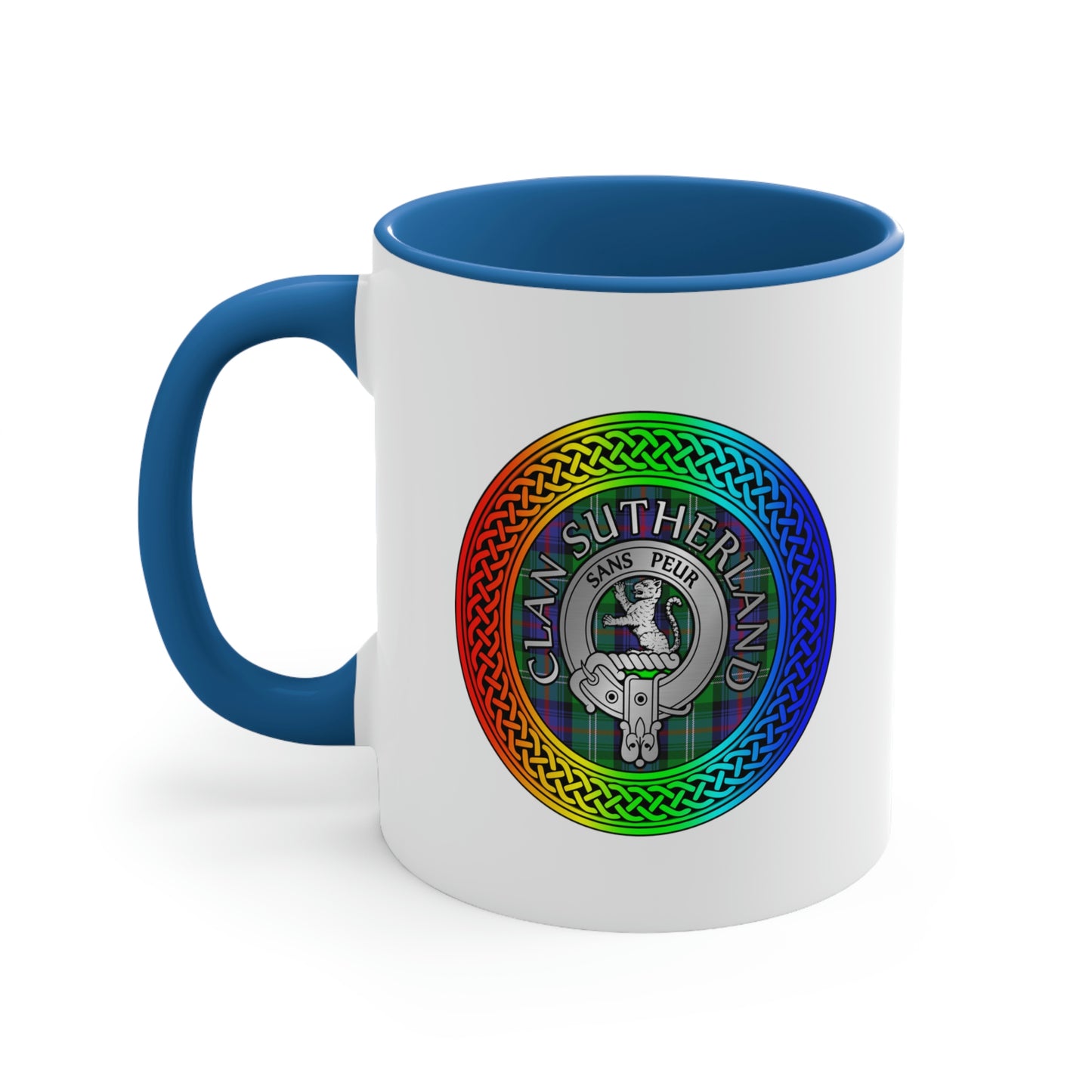 Clan Sutherland Rainbow Crest & Tartan Accent Coffee Mug, 11oz