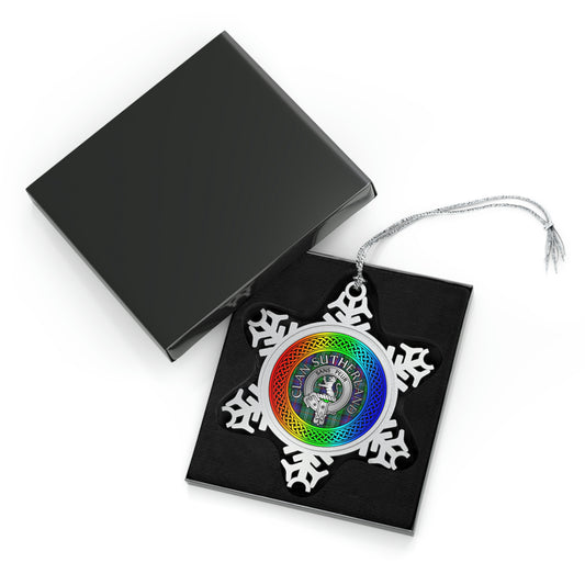 Clan Sutherland Crest & Tartan Rainbow Knot Pewter Snowflake Ornament