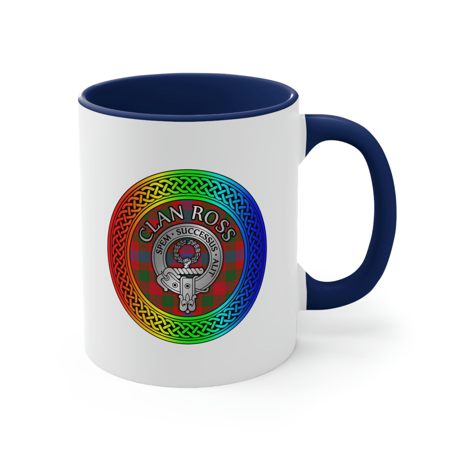 Clan Ross Crest & Tartan Rainbow Knot Accent Coffee Mug, 11oz