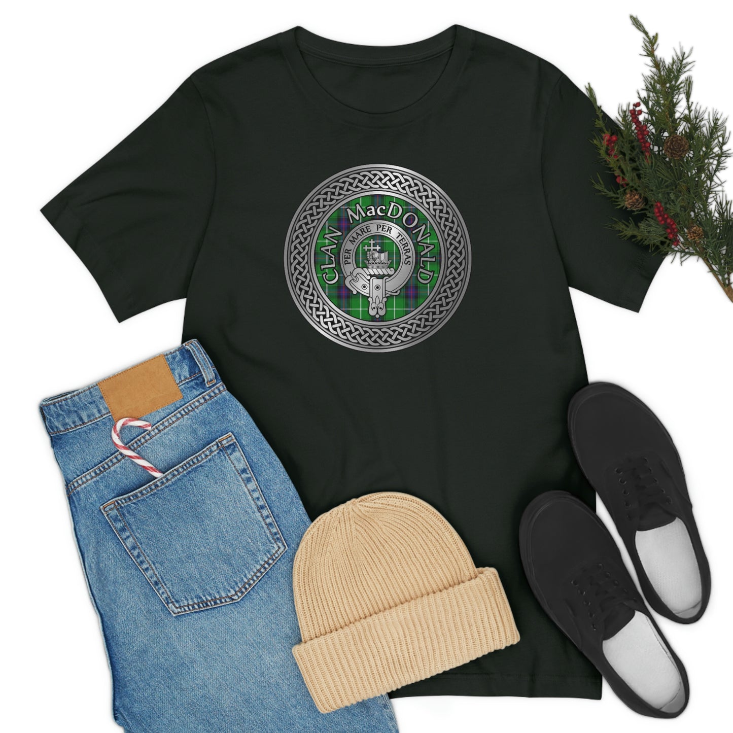 Clan MacDonald Tartan & Crest in Celtic Knot T-Shirt