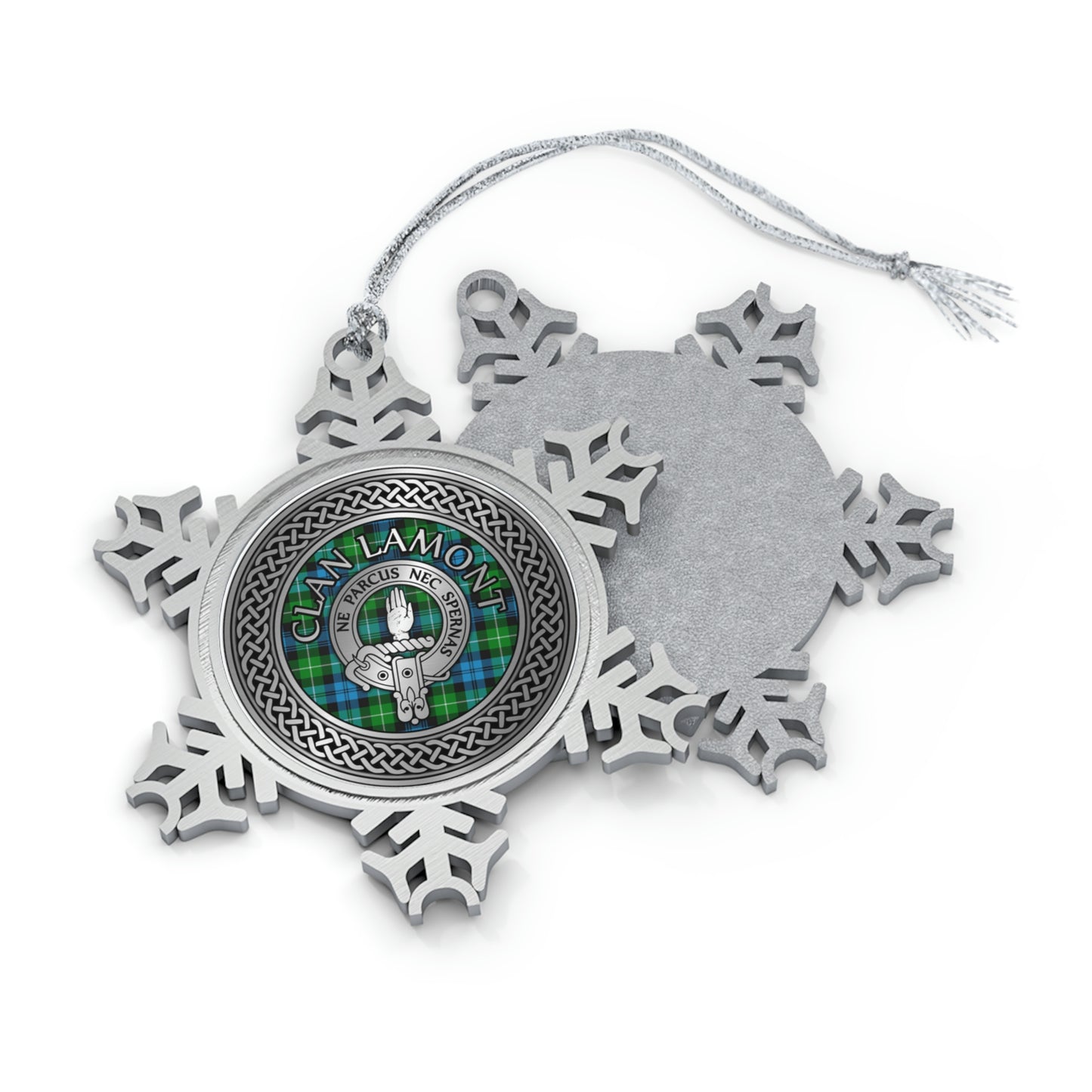 Clan Lamont Crest & Tartan Knot Pewter Snowflake Ornament (AU/NZ only)