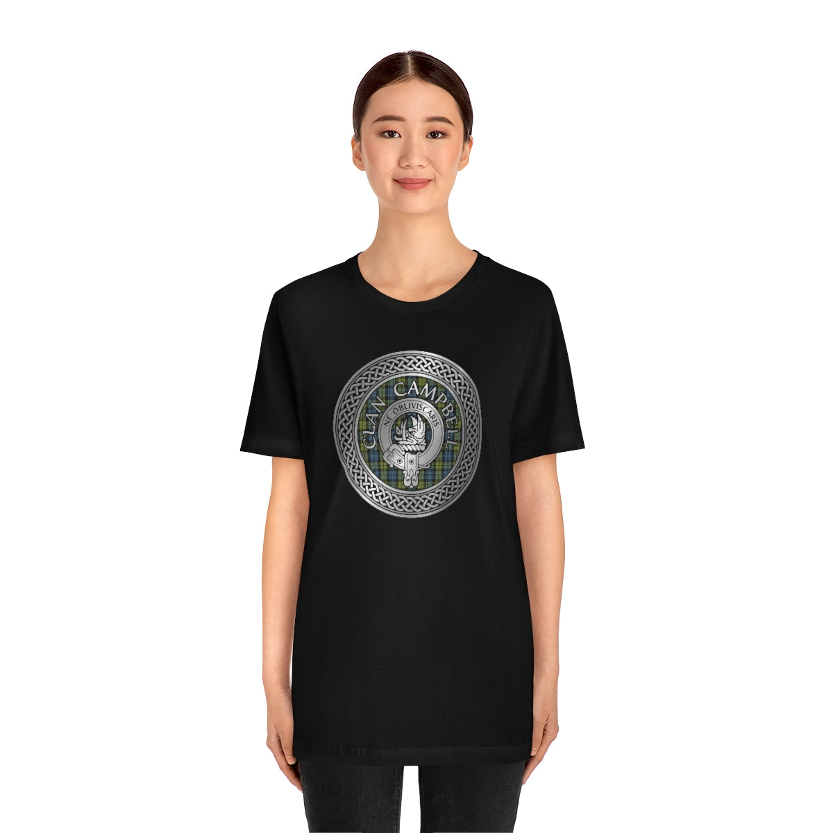 Clan Campbell Crest & Tartan in Celtic Knot T-Shirt