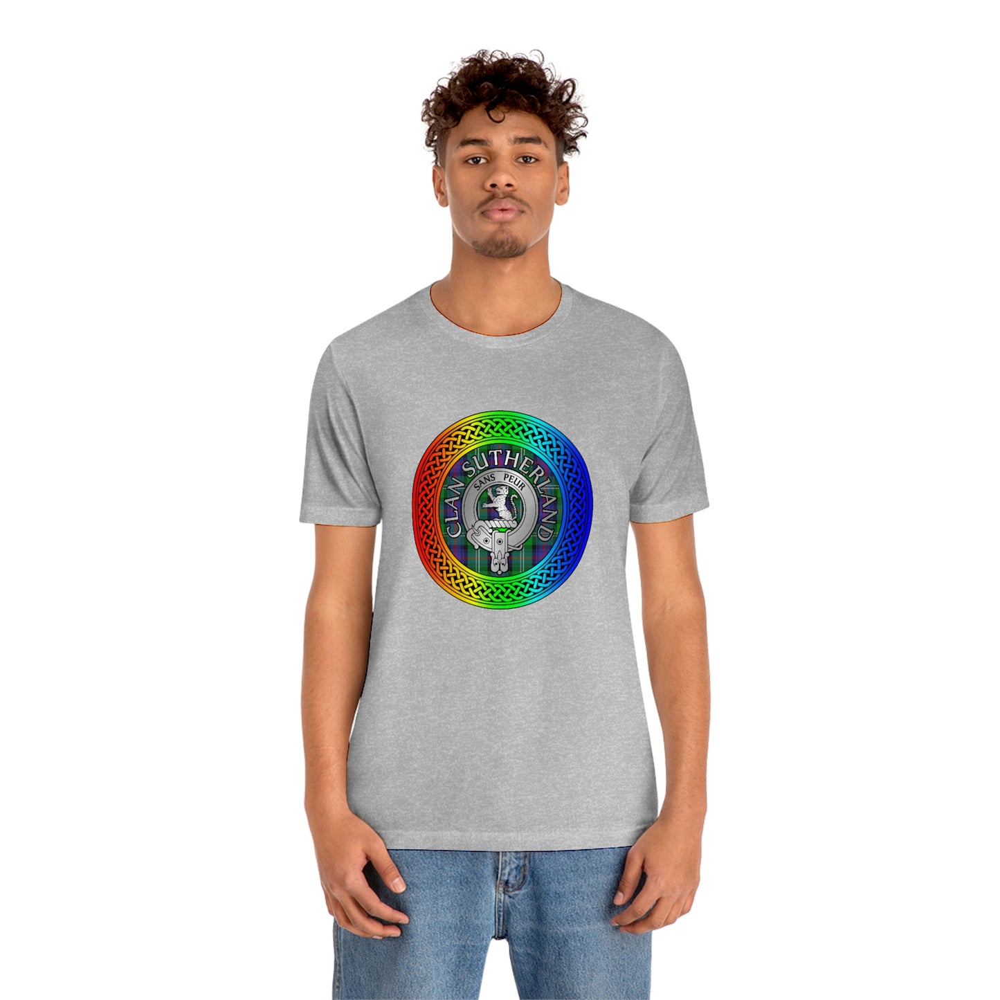 Clan Sutherland Crest & Tartan in Rainbow Knot T-Shirt