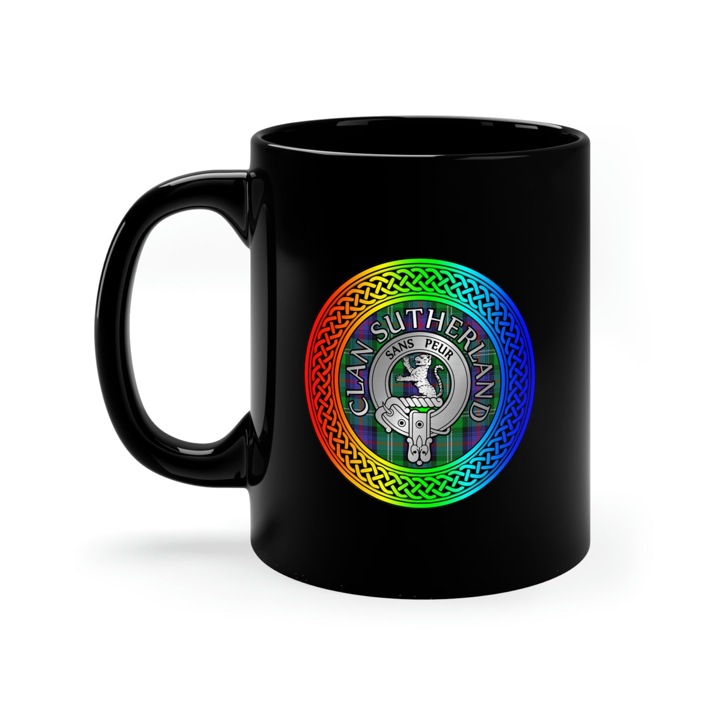 Clan Sutherland Rainbow Crest & Tartan 11oz Black Mug