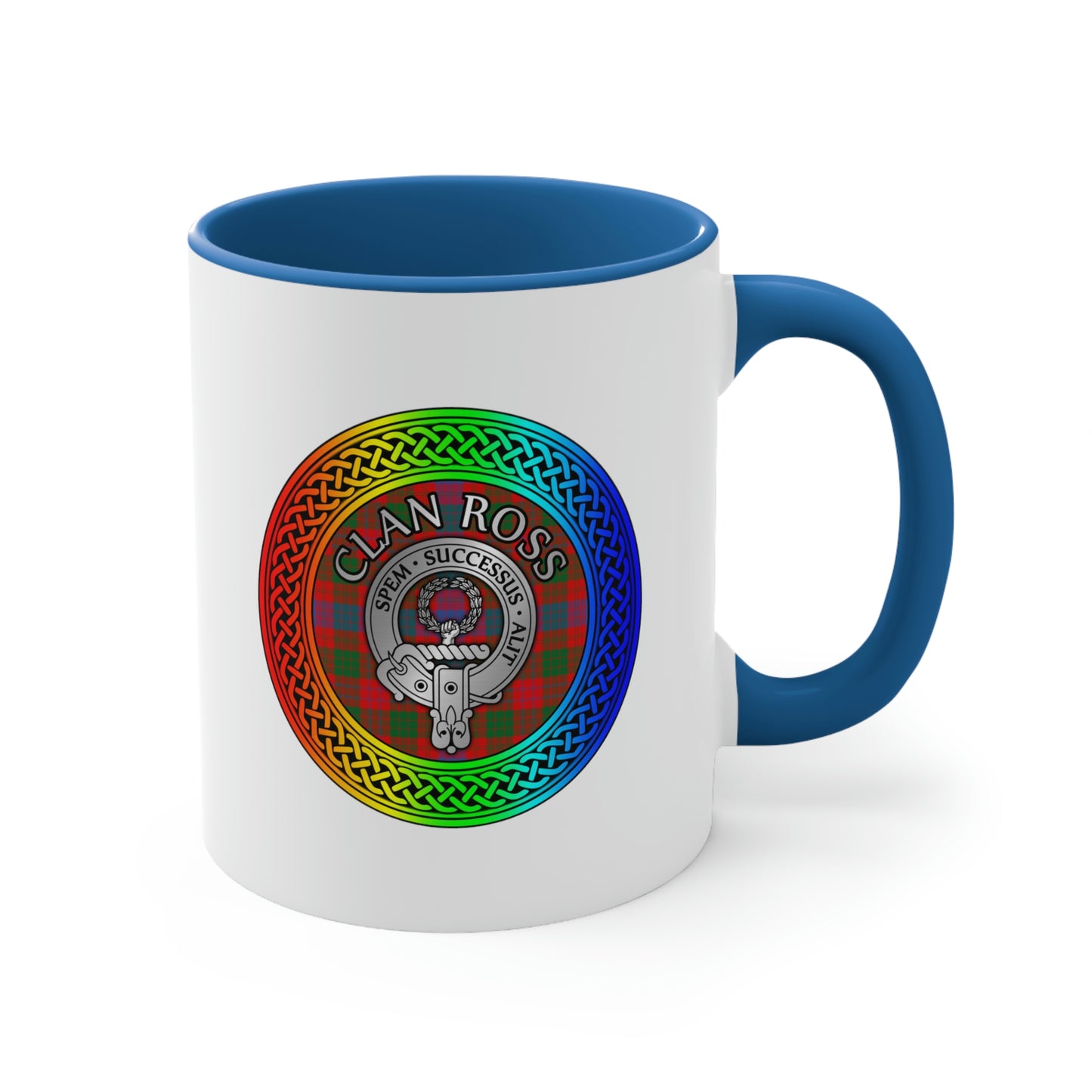 Clan Ross Crest & Tartan Rainbow Knot Accent Coffee Mug, 11oz