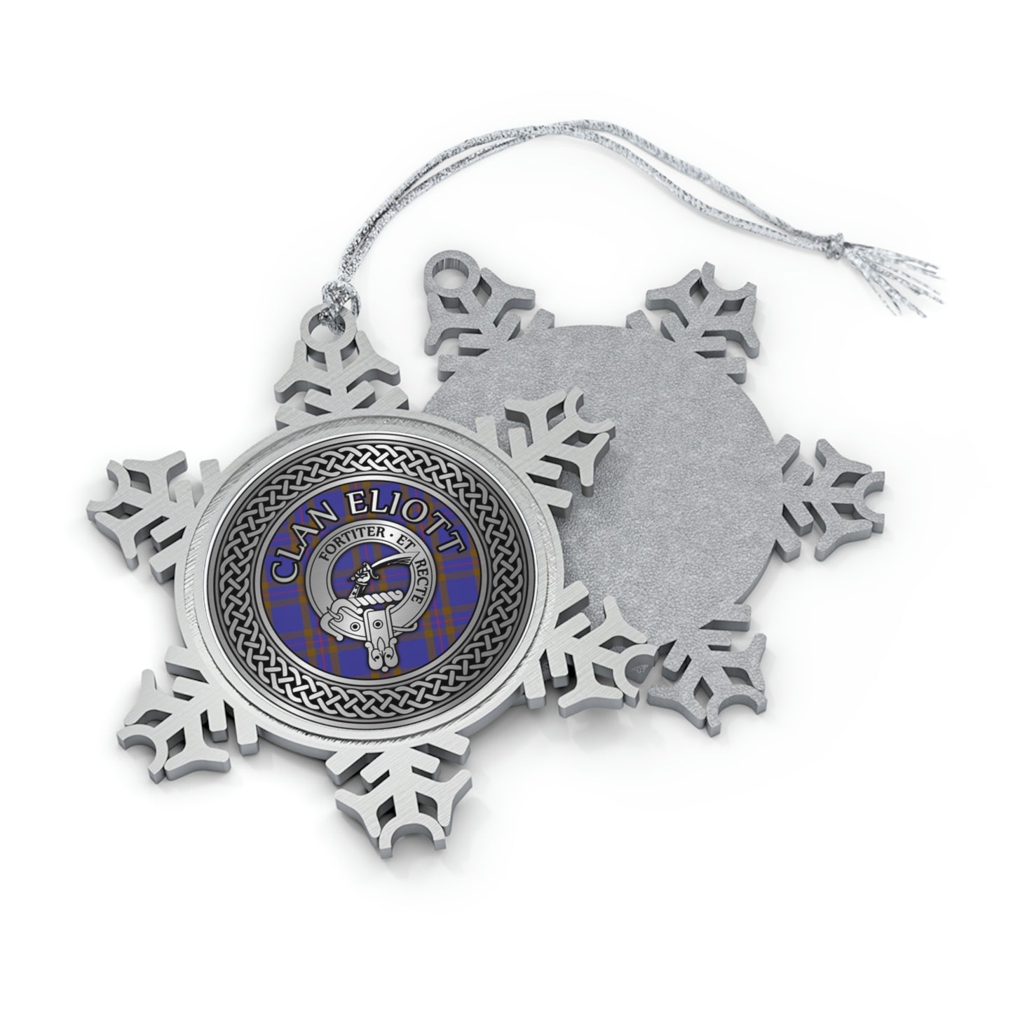 Clan Eliott Crest & Tartan Knot Pewter Snowflake Ornament (AU/NZ only)