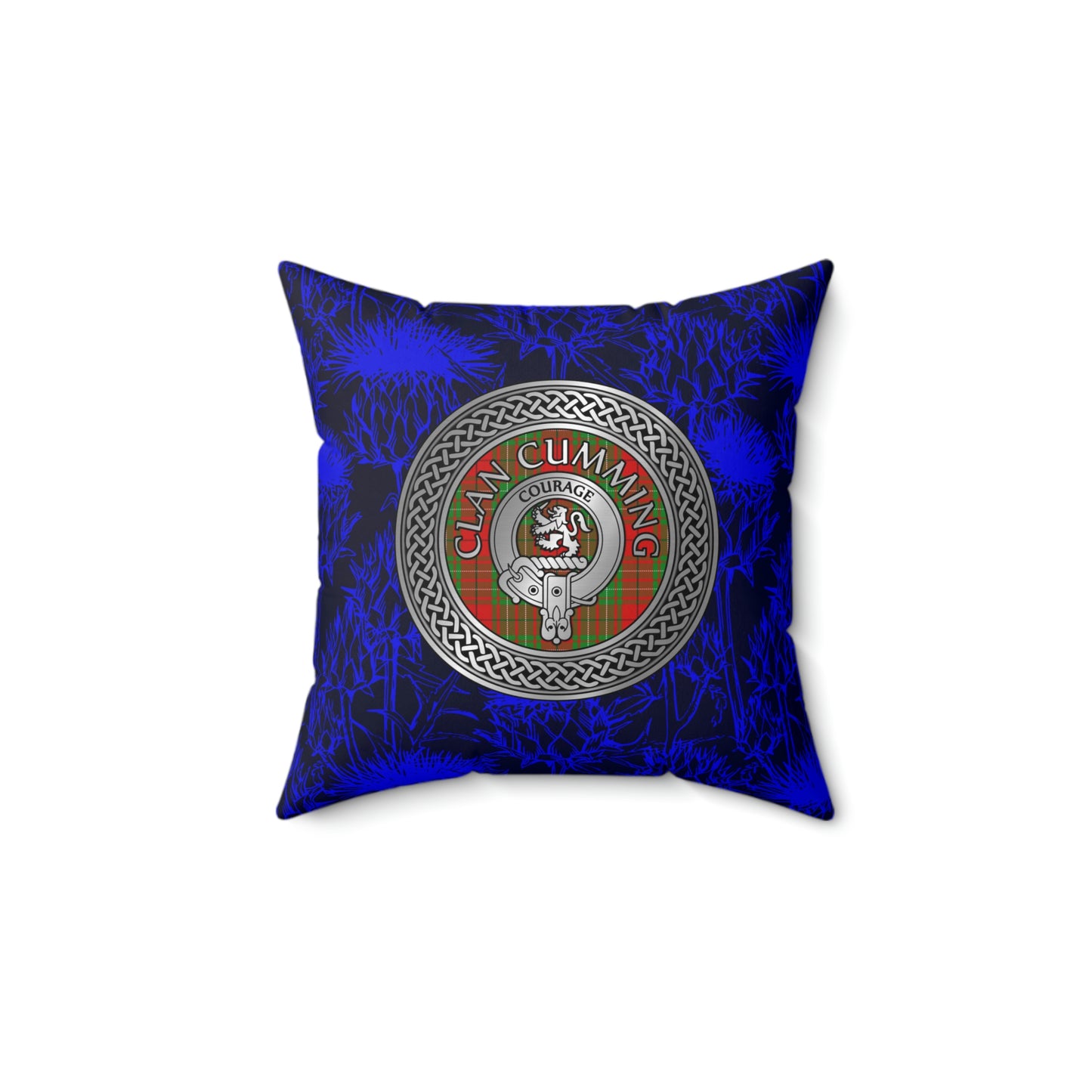 Clan Cumming Crest & Tartan Knot Spun Polyester Square Pillow